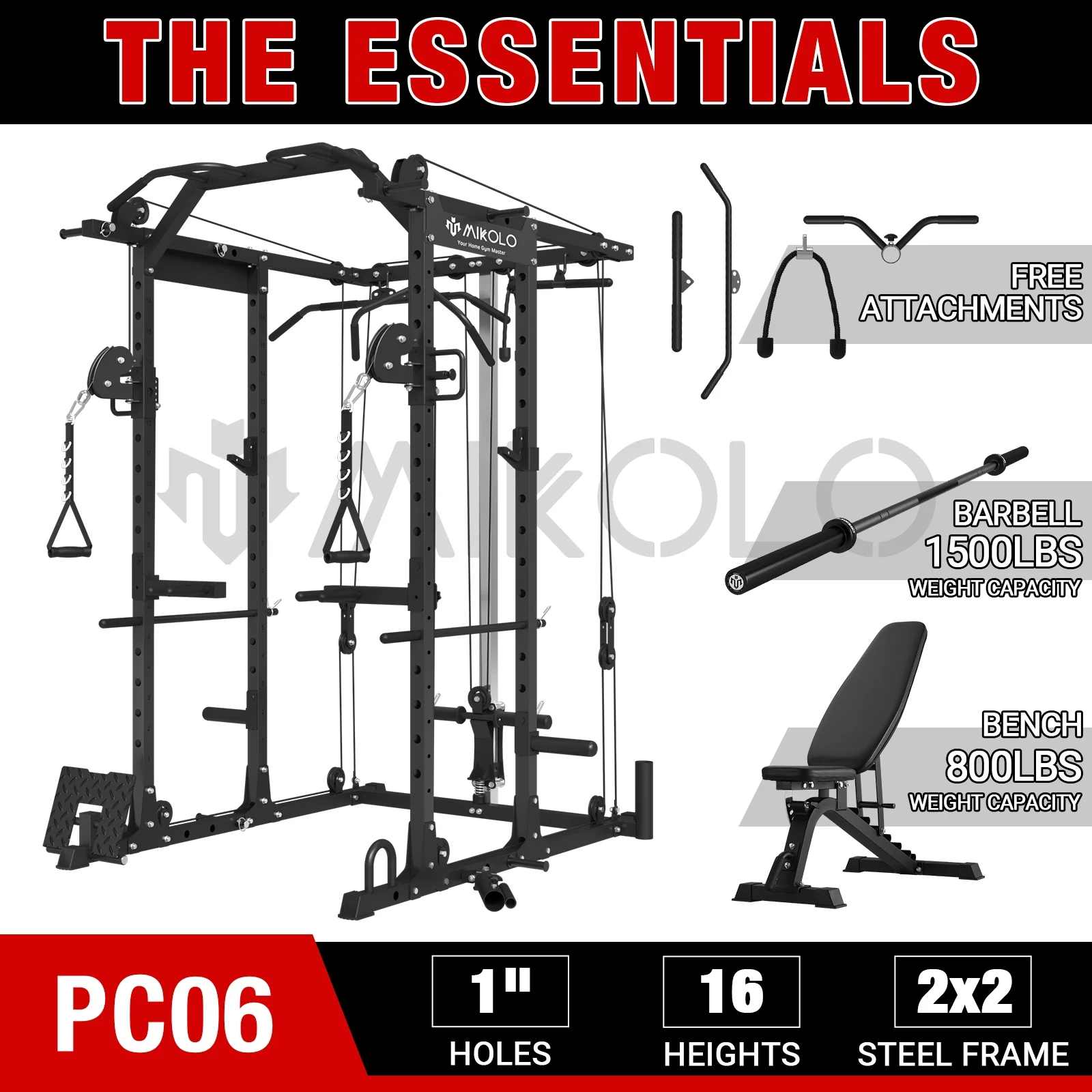 Mikolo Power Rack Cage, 1500 lbs Weight Rack with Cable Crossover Machine,Multi-Function Squat Rack with J Hooks,Dip Bars and Landmine for Home Gym (Red), Plate Loaded Machine - Womvr