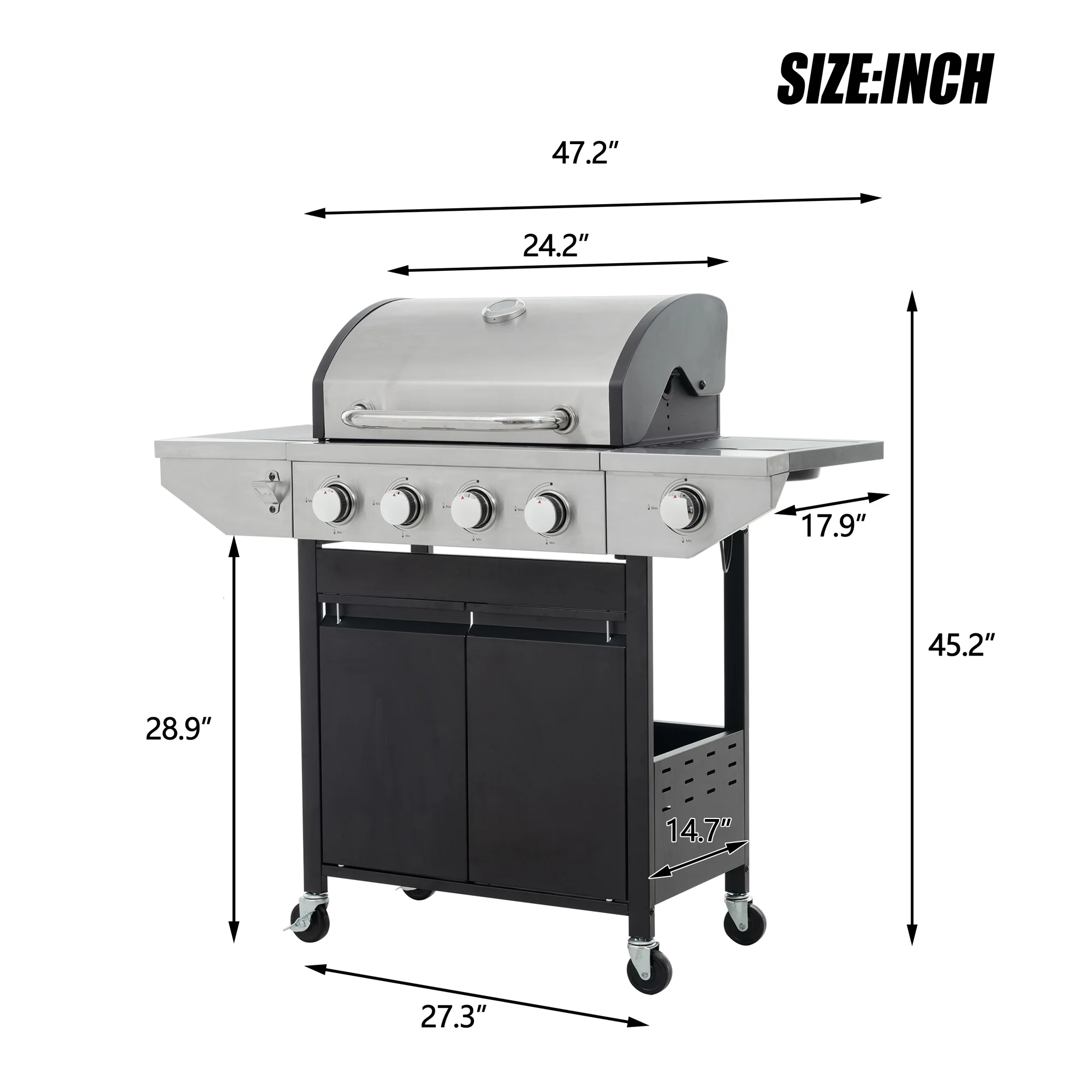4 Burner Propane Gas Grill, Stainless Steel Barbecue Grill with Side Burner and Thermometer, 46,700BTU Outdoor BBQ Camping Grill - Womvr