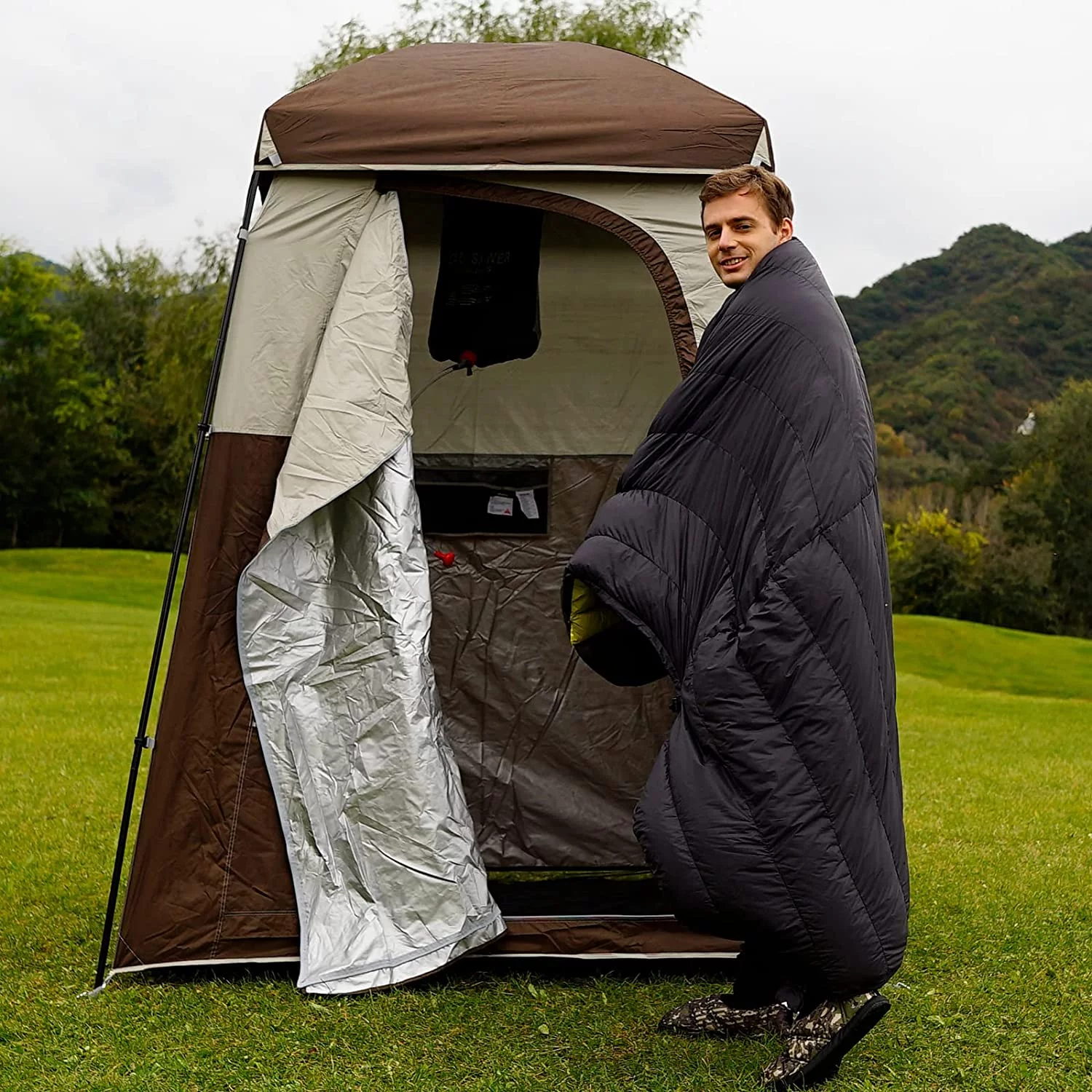 KingCamp Oversized Shower Tent Extra Wide 1 Room with Floor Waterproof Camping Privacy Shelter Easy Set Up Tent for Dressing Changing Toilets Tent, Coffee - Womvr