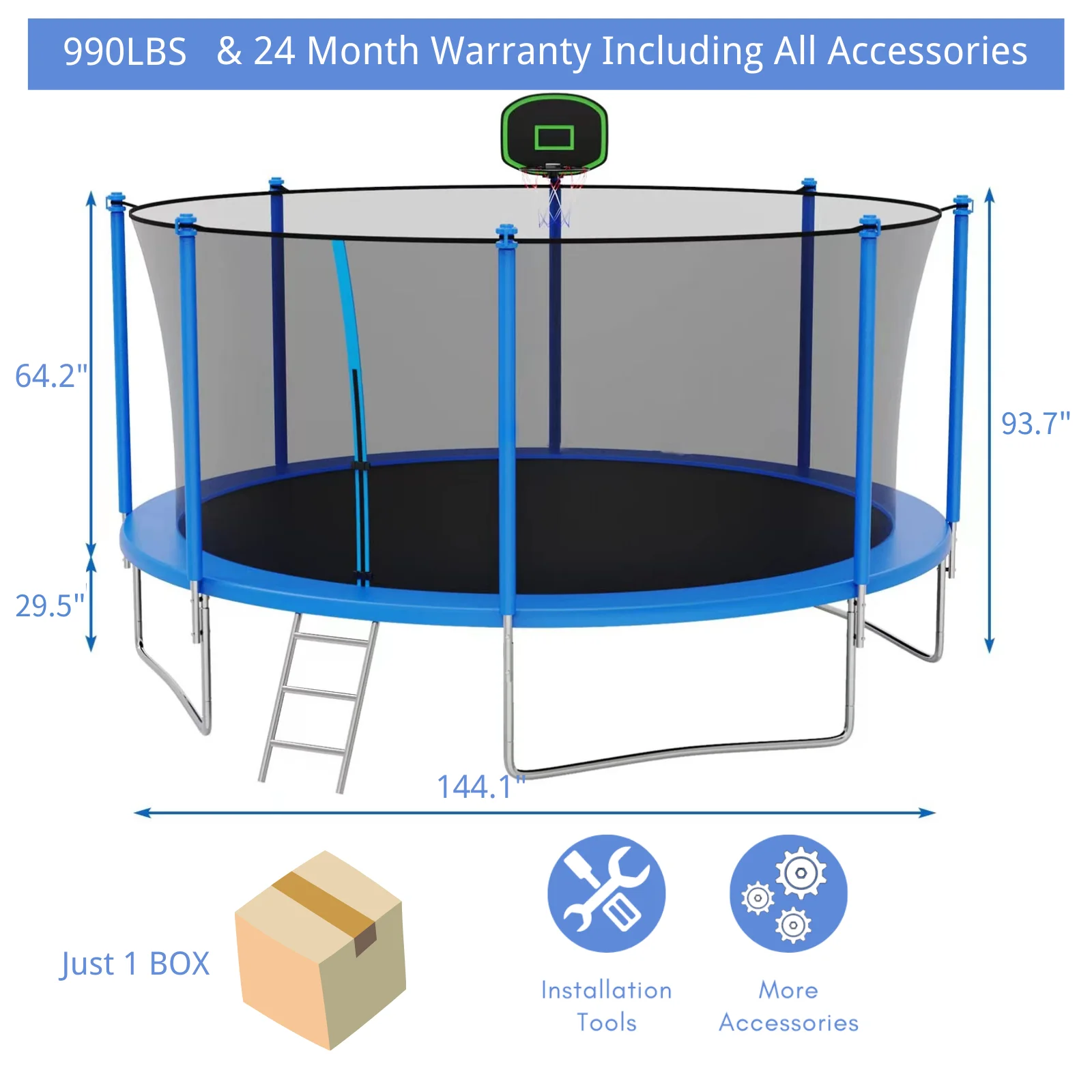 16FT Trampoline for 8-9 Kids Adults with Basketball Hoop, Ladder, Light, Sprinkler, Socks, Outdoor Heavy Duty Recreational Trampoline - Womvr