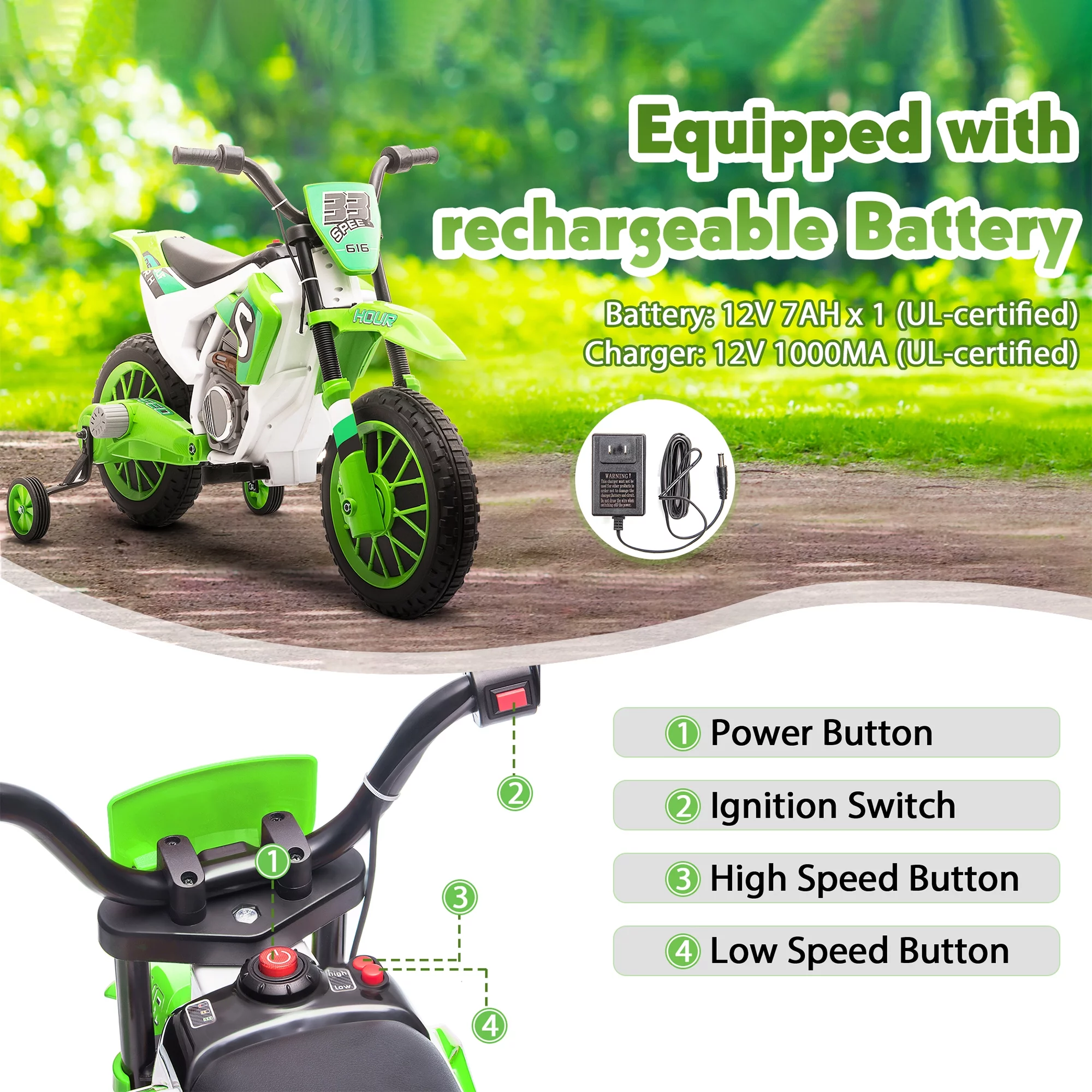 TOBBI 12V Kids Motorcycle off- Road Ride on Dirt Bike W/ Training Wheels, Age 3-8 Toddlers, Green - Womvr