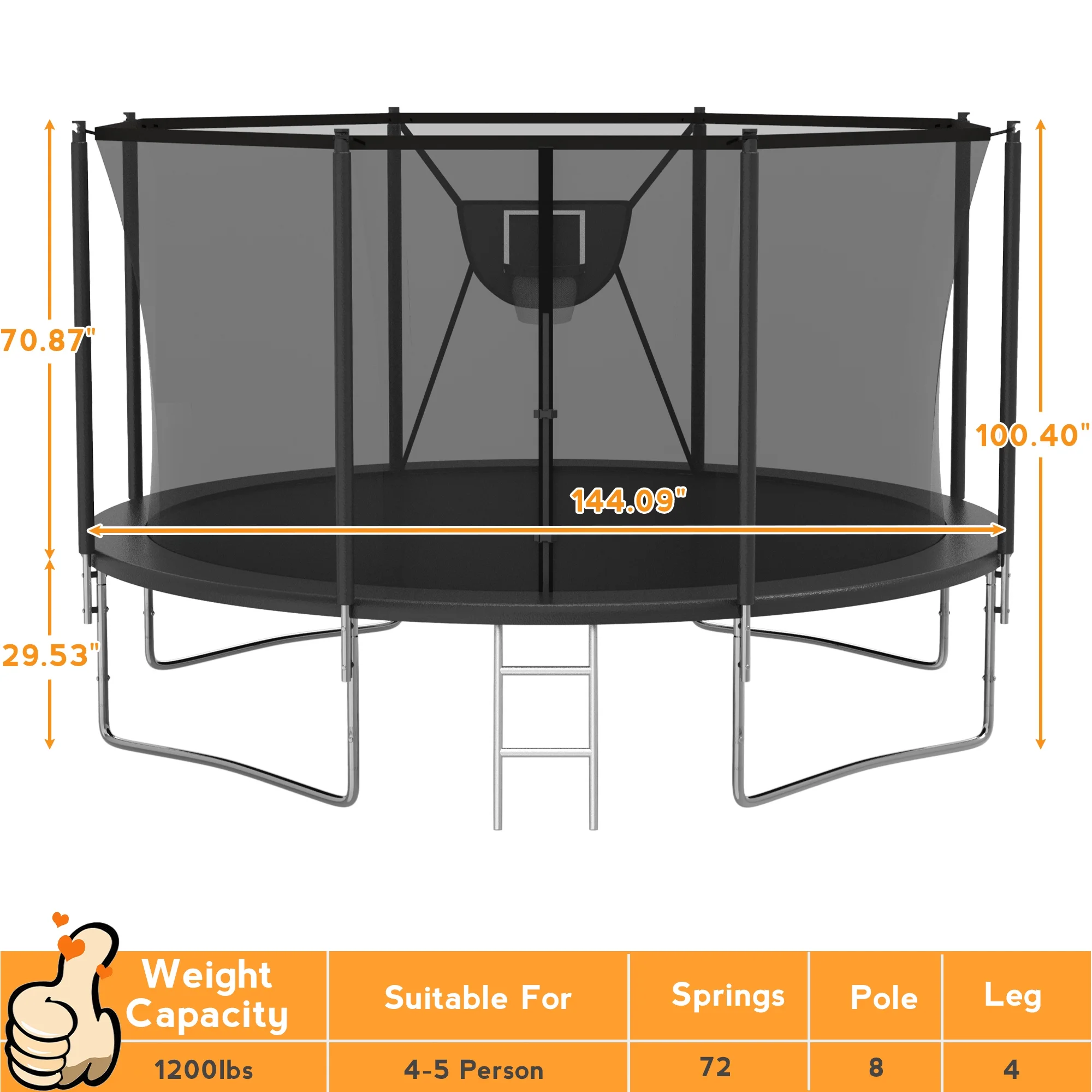 KOFUN Trampoline with Adjustable Basketball Hoop & Light, 1500lbs 10FT 12FT 14FT 16FT Trampoline for Adults and Kids, No Gap Design Backyard Trampoline with Enclosure Net, Ladder, Green - Womvr