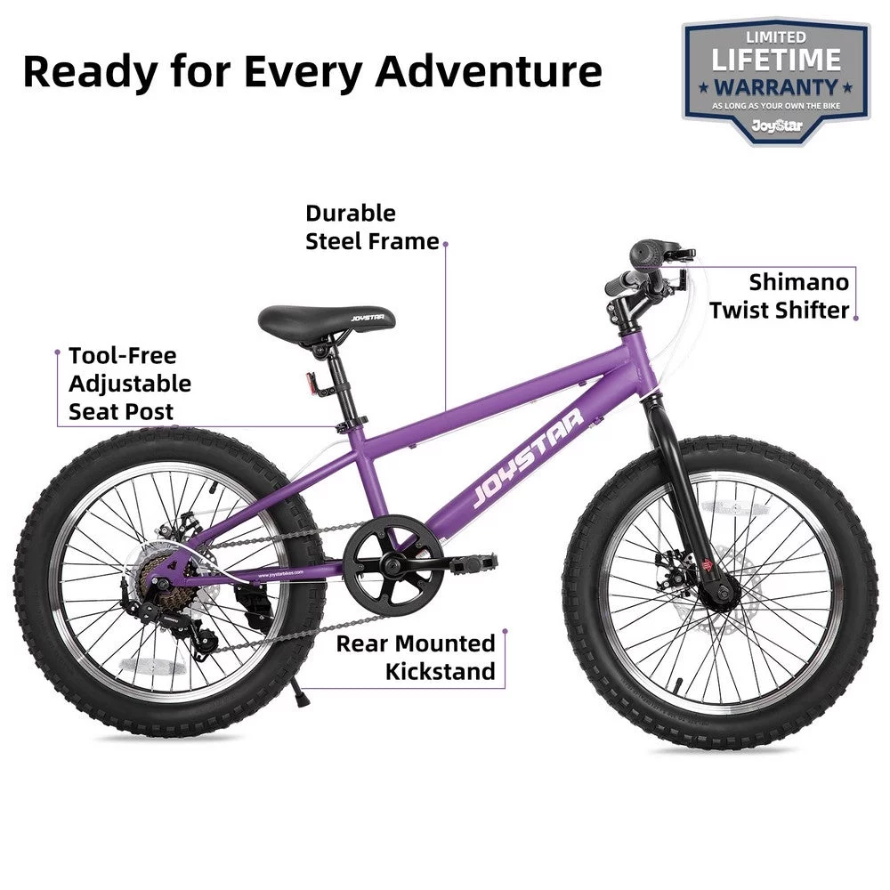 JOYSTAR 20 Inch Mountain Bike for Kids Ages 7-12 Year Old, 3-Inch Wide Knobby Tires, 7 Speed Shimano Drivetrain, Disc Brakes, Fat Tire Kids Bicycles for Boys Girls - Womvr