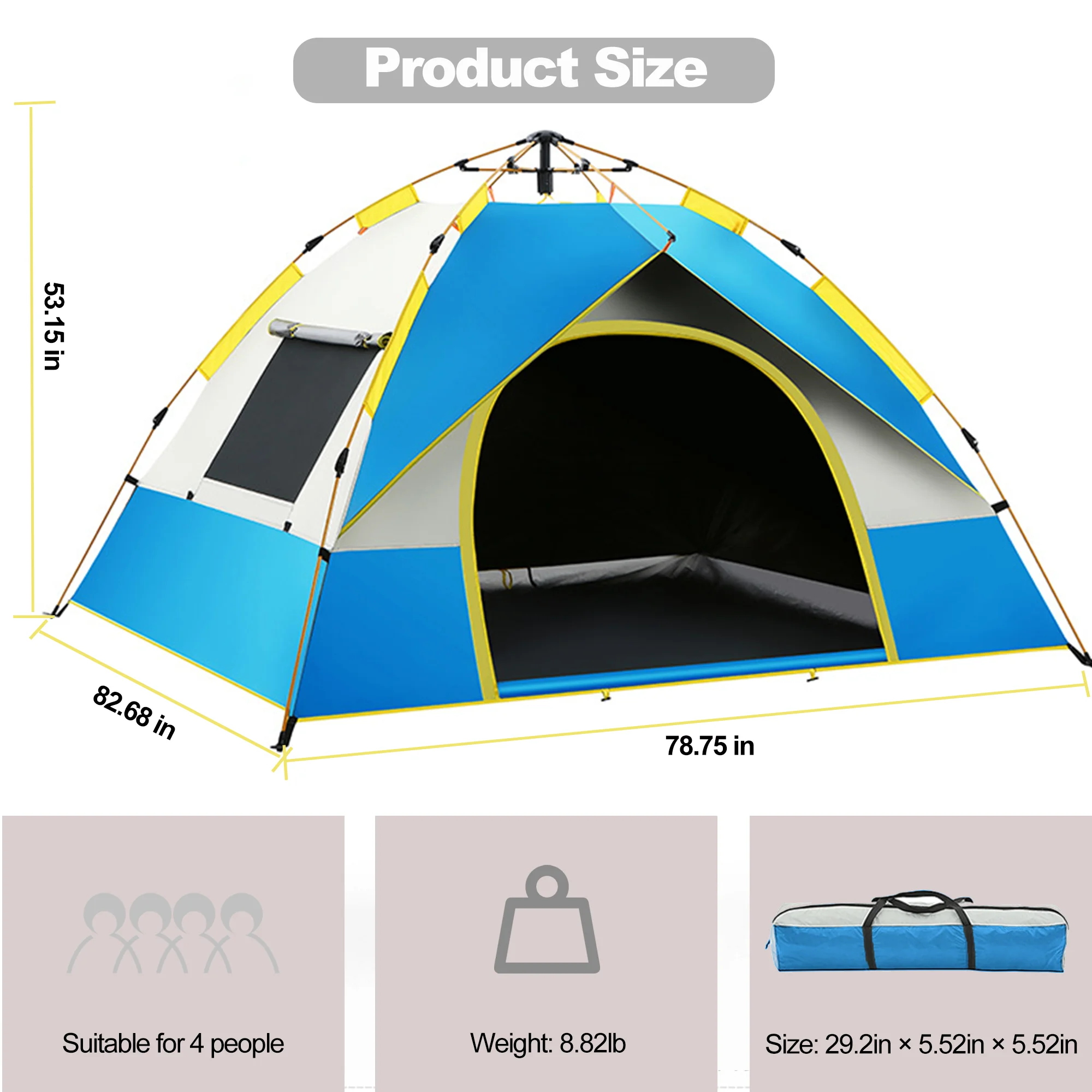 Camping Tent, 4-Person Instant Pop Up Tent with Moisture Proof Mat, Lightweight, Easy Set Up, Foldable, Waterproof, Windproof - Womvr