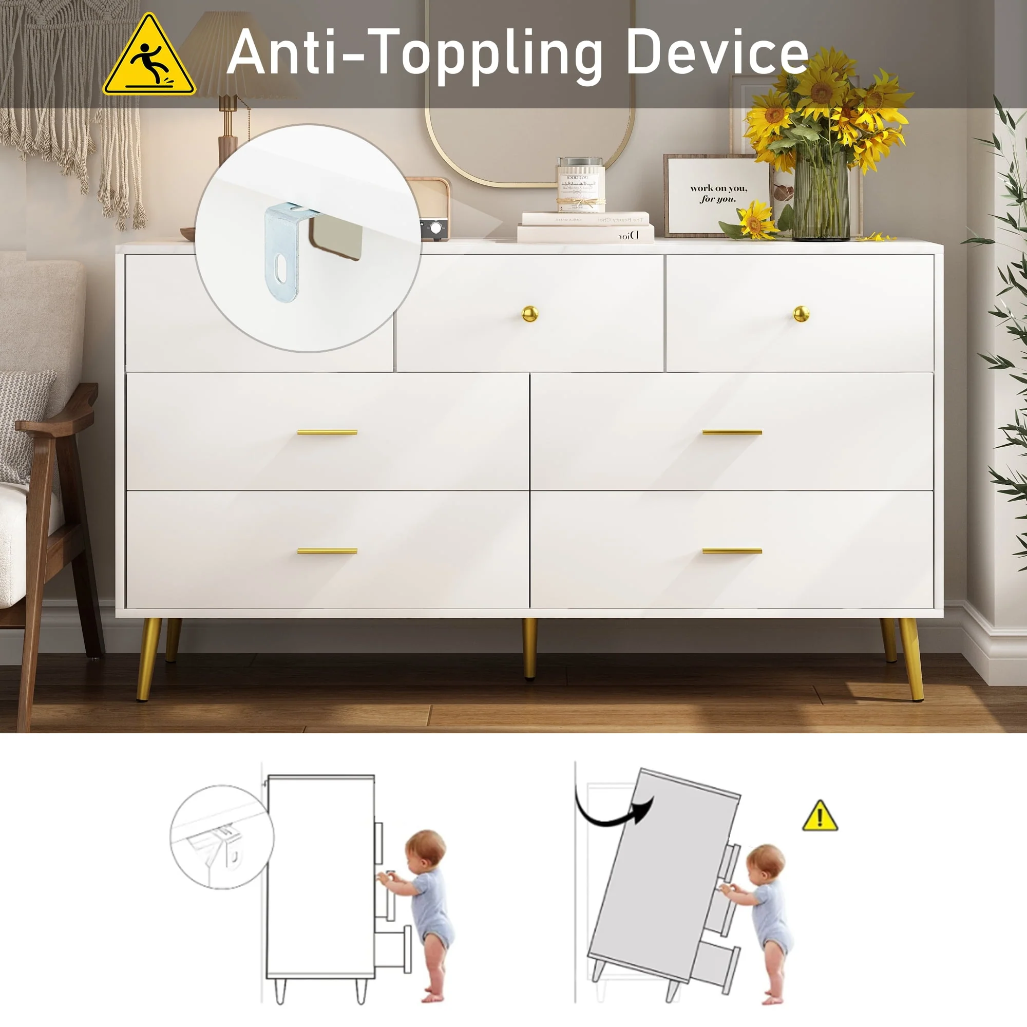 6 Drawer Dresser, Mid-Century Modern Chest Of Drawers, Double Dresser Storage Cabinet For Bedroom Living Room Hallway(White-6 Drawers) - Womvr