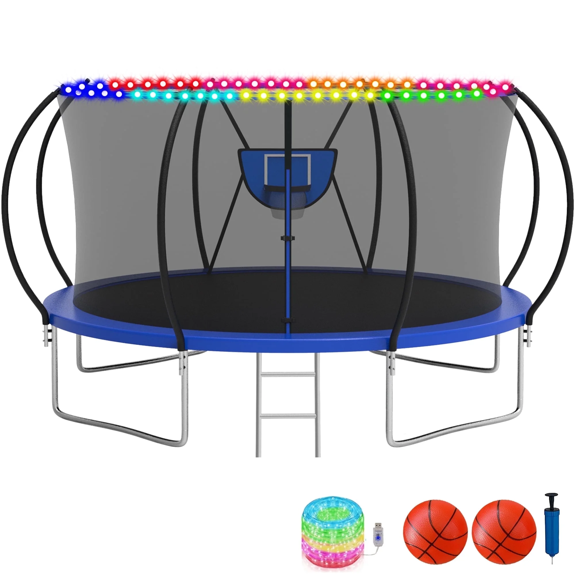 KOFUN Trampoline with Basketball Hoop & Light, 1500lbs 10FT 12FT 14FT 16FT Trampoline for Adults and Kids, No Gap Design Backyard Trampoline with Enclosure Net, Ladder, Green - Womvr