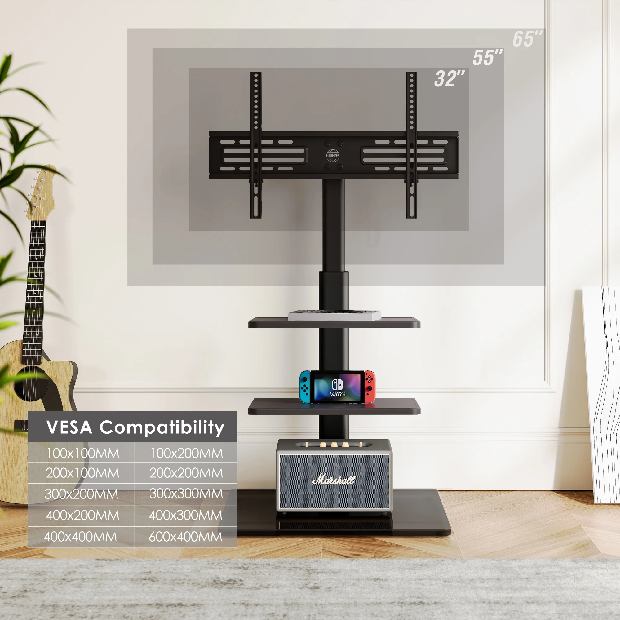 FITUEYES Tempered Glass Base Floor TV Stand 32-65 Inch, Height adjustable,Swivel TV Stand with Mount,Black - Womvr