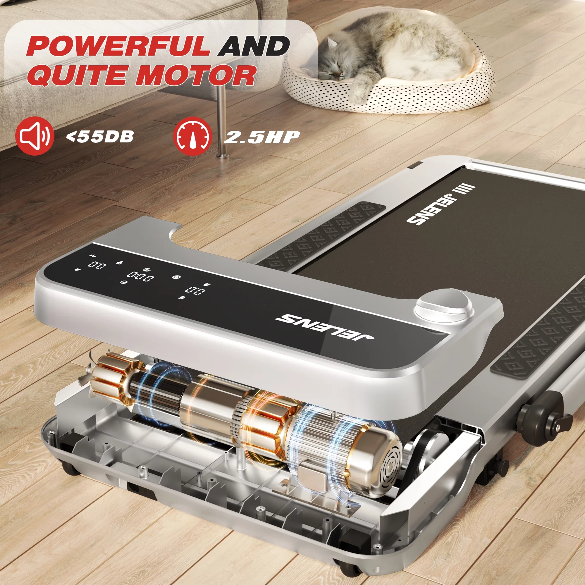 JELENS 2 in 1 Incline Treadmill Under Desk Walking Pad 2.5HP Home Folding Treadmills with Gesture Sensing Control, Walking Machine for Office with Led Display - Womvr