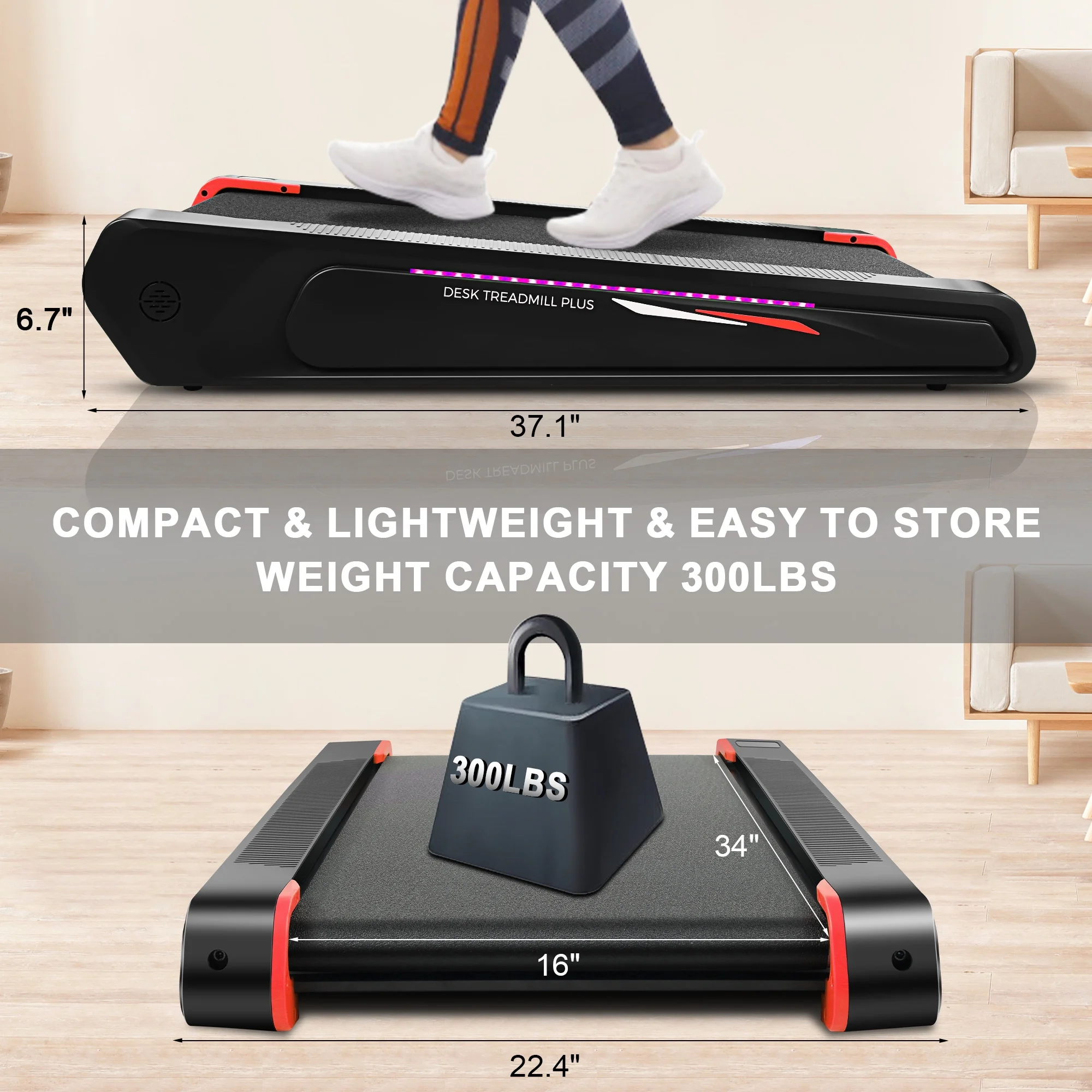 Tikmboex Walking Pad Treadmill with 5% Incline, 2.5HP Under Desk Treadmil with Remote and Unique Lamp Strip Design for Walking Running, Black & Blue 300 Lbs Capacity - Womvr