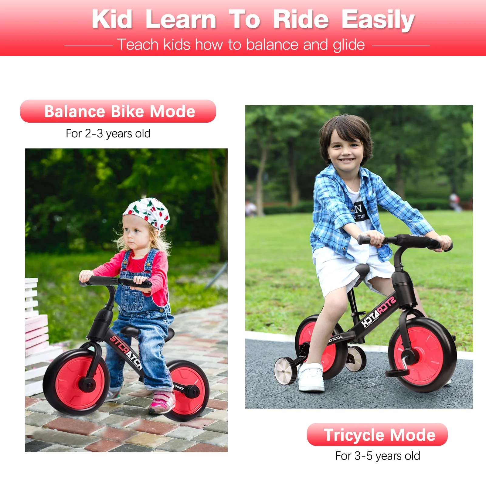 WLRETMCI Kid Balance Bike, 4 in 1 Toddlers Training Bicycle for 2-5 Years Old Boys Girls, Lightweight with Pedals and Training Wheels, Red Christmas Gifts - Womvr