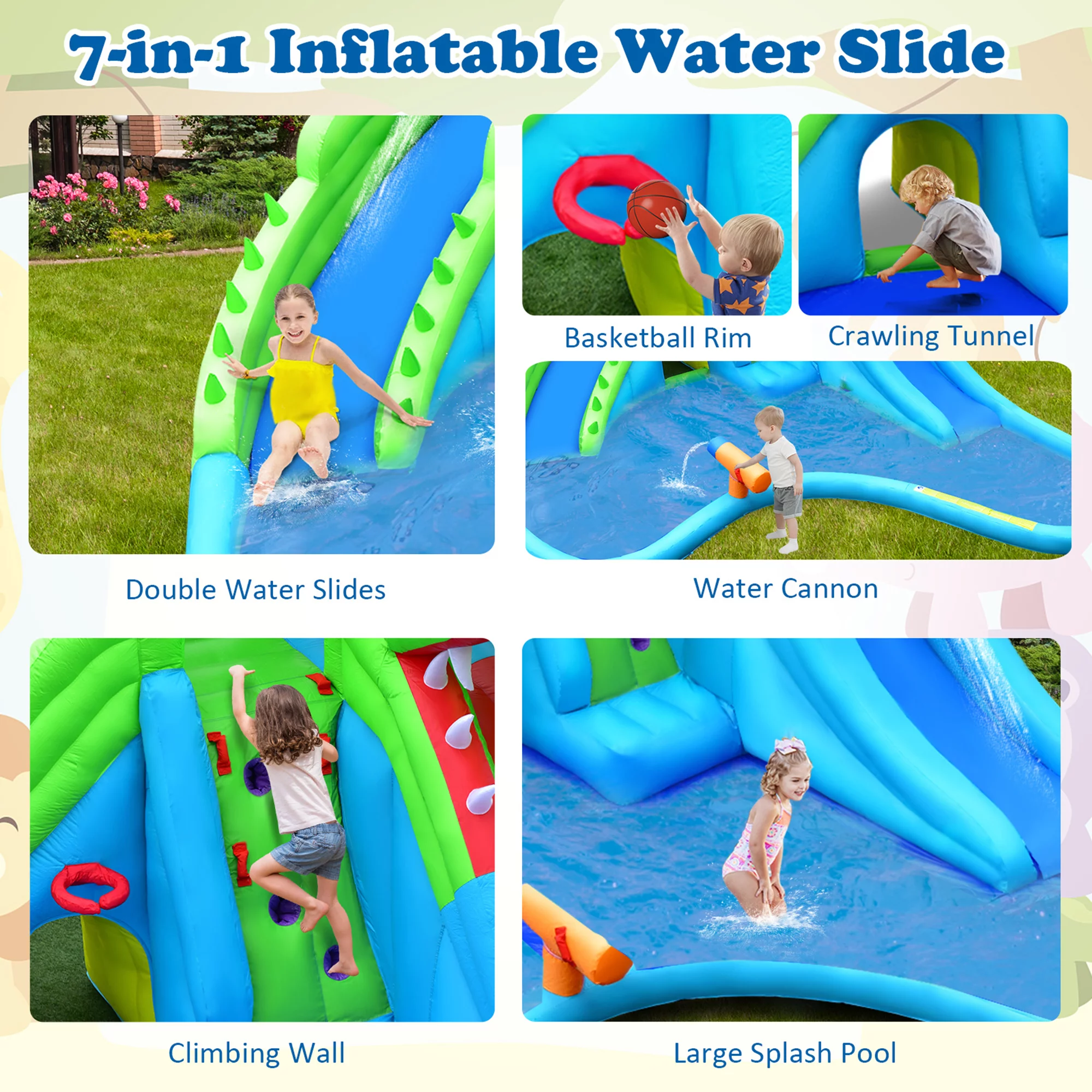 Gymax Crocodile Inflatable Water Slide Park Kids Bounce House w/ Dual Slides With 780W Blower - Womvr