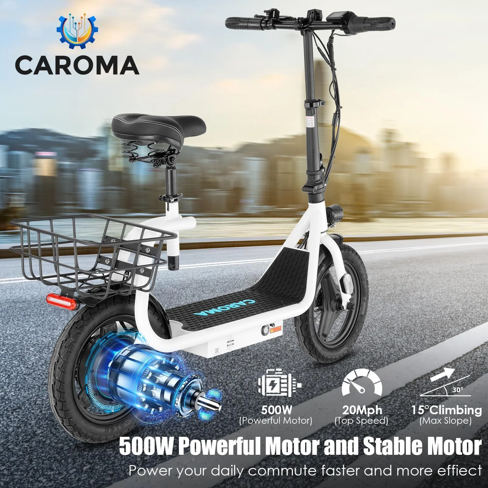 Caroma 500W Electric Scooter with Seat for Adult, 14 inch Commuter Electric Scooter with Dual Shock Absorbers and Basket - Up to 25 Miles 20 MPH, Silver - Womvr