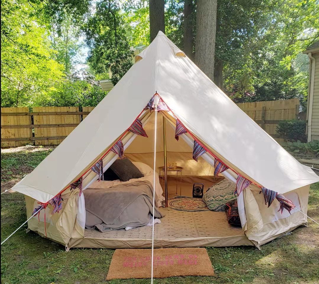 Teepee Tent Outdoor Waterproof 4-Season Family Camping Cotton Canvas Yurt Tent 4M/13.1ft Bell Tent With Stove Hole (Side Wall), For Family Glamping - Womvr