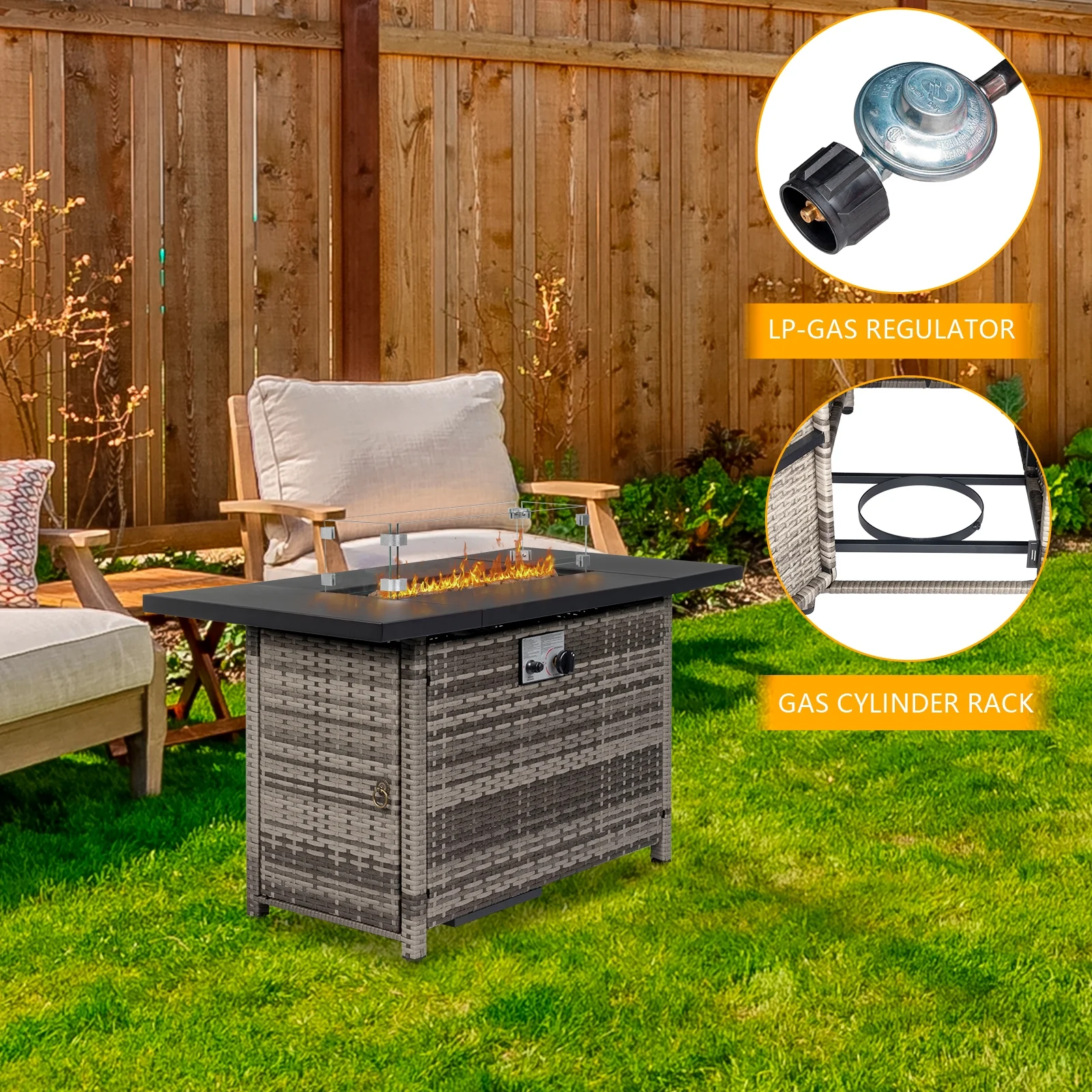 43.3 inch Gas Fire Pit Table, SYNGAR 2-in-1 50,000 BTU Propane Gas Fire Pit Table, Outdoor Propane Fire Pit with Glass Wind Guard, Blue Rocks and Lid, for Patio, Backyard, Garden, Poolside, D4620 - Womvr