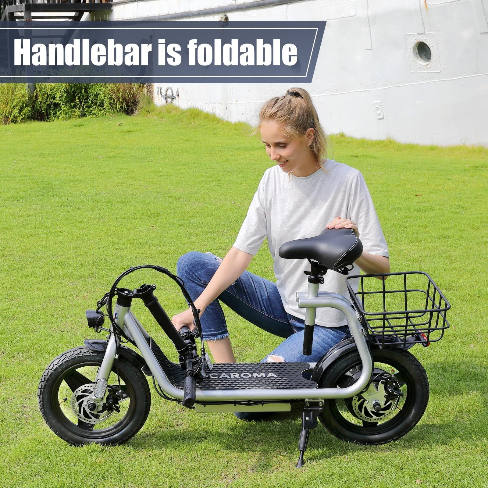 Caroma 500W Electric Scooter with Seat for Adult, 14 inch Commuter Electric Scooter with Dual Shock Absorbers and Basket - Up to 25 Miles 20 MPH, Silver - Womvr