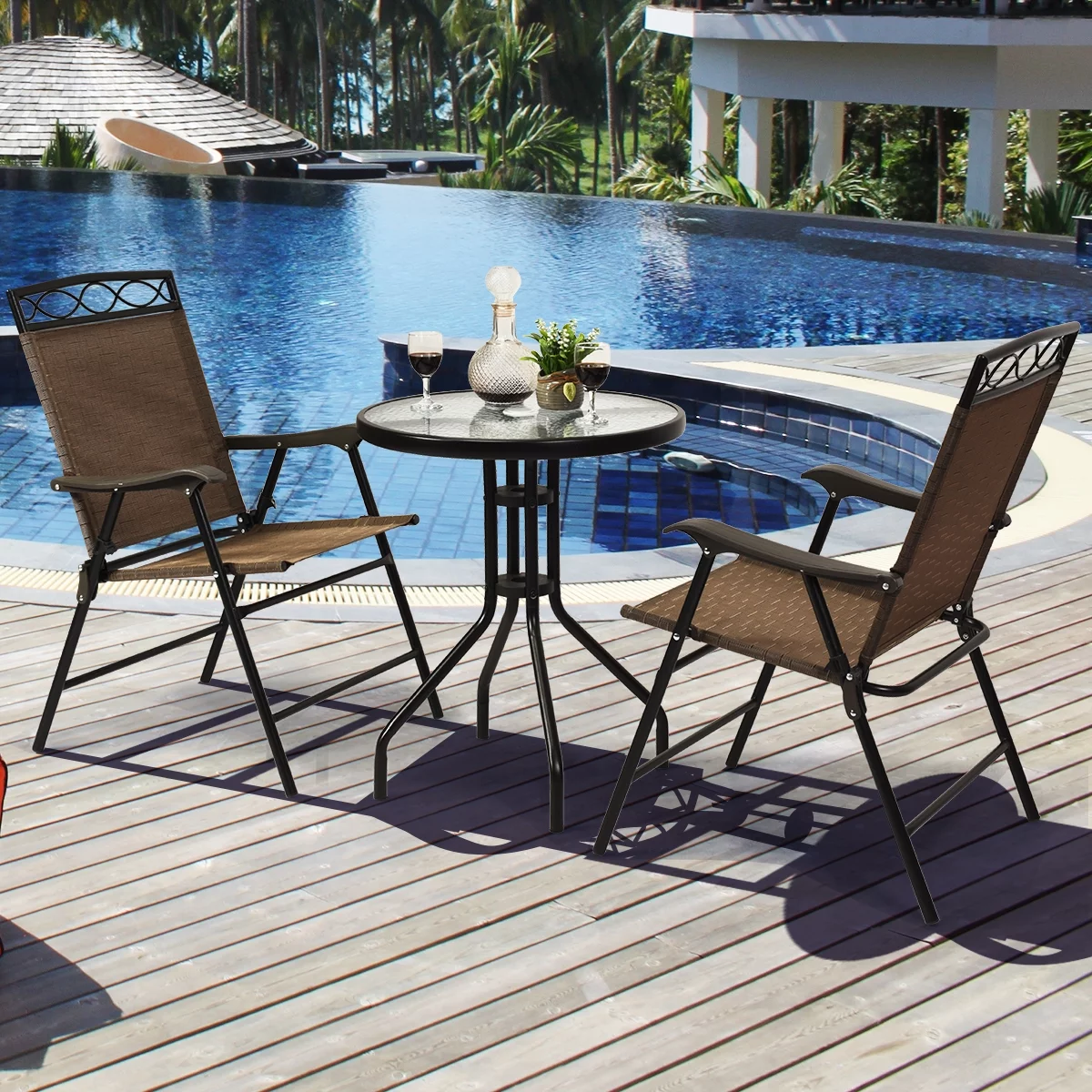 Gymax 3PCS Bistro Set Conversation Set Pub Patio Outdoor w/ Folding Chairs Table - Womvr