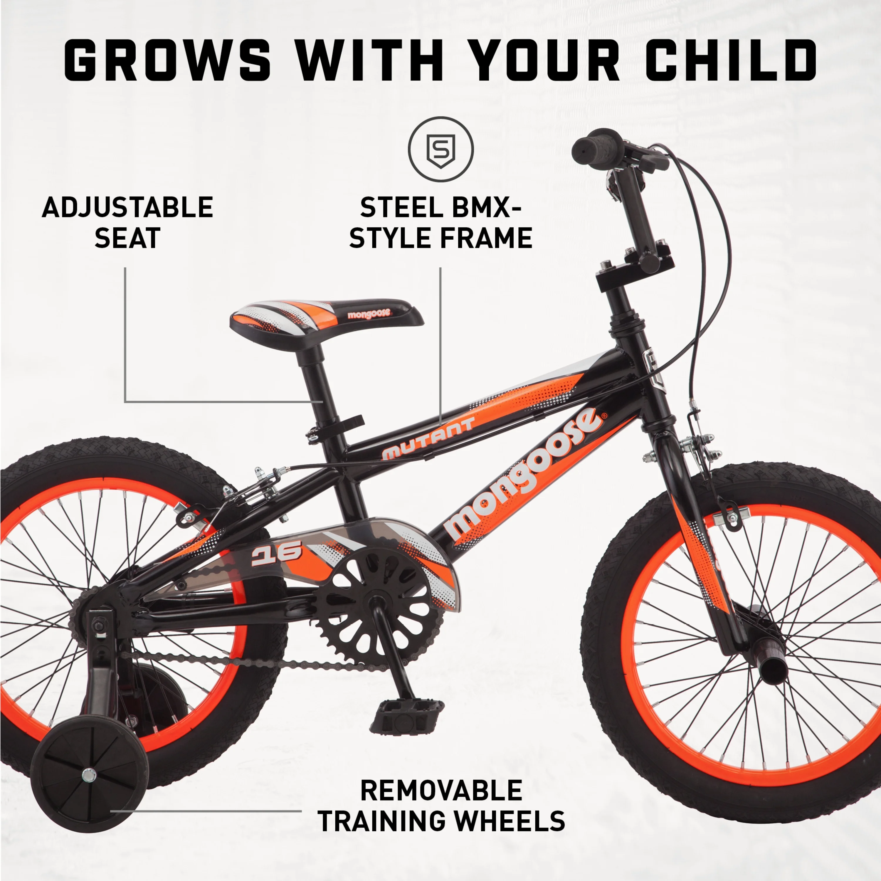 Mongoose Mutant 16 inch Kid's BMX Bike, Boys/Girls, Ages 3-5, Black & Orange - Womvr