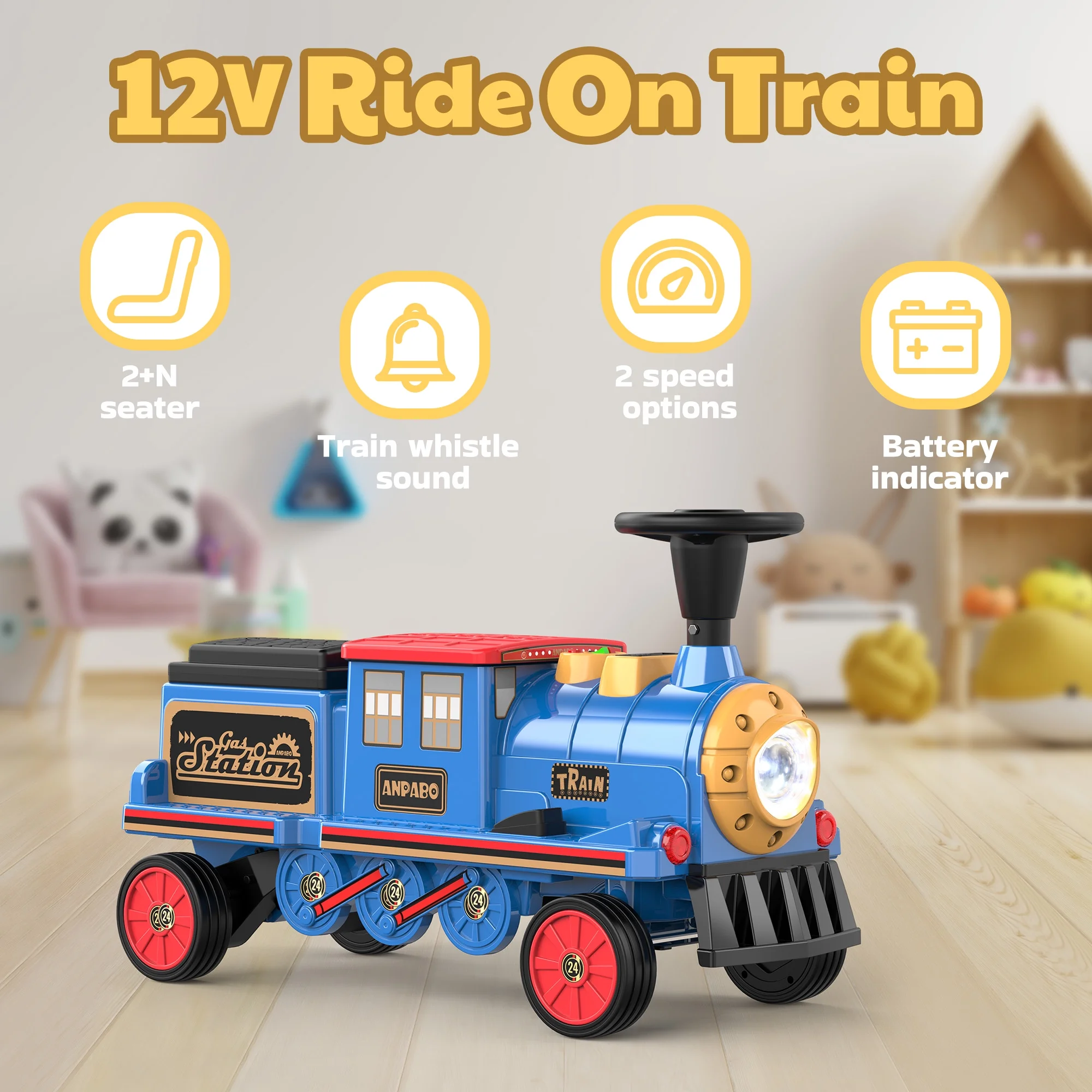 TOKTOO 12Volt 2 Seater Kids Ride on Train W/ Rubber Wheels, Storage Box, LED Headlight, Music Player-Black Red - Womvr