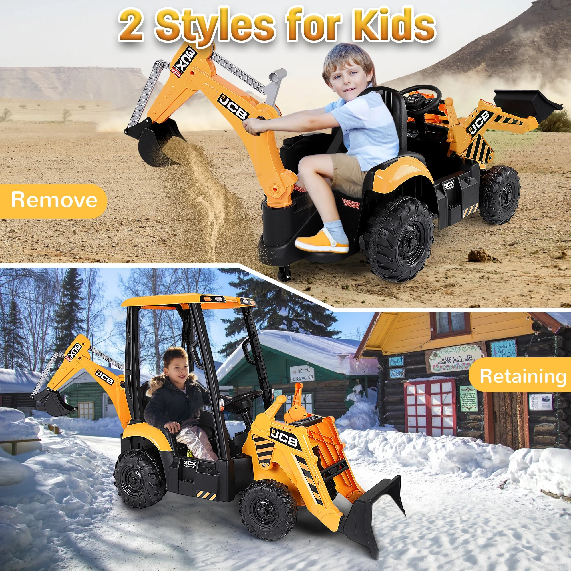 JCB 2 in 1 Kids Ride on Car Excavator & Bulldozer,Wisairt 12 V Battery Powered Electric Vehicle w/ Remote Control,Bucket,Digger,Handle(Yellow) - Womvr