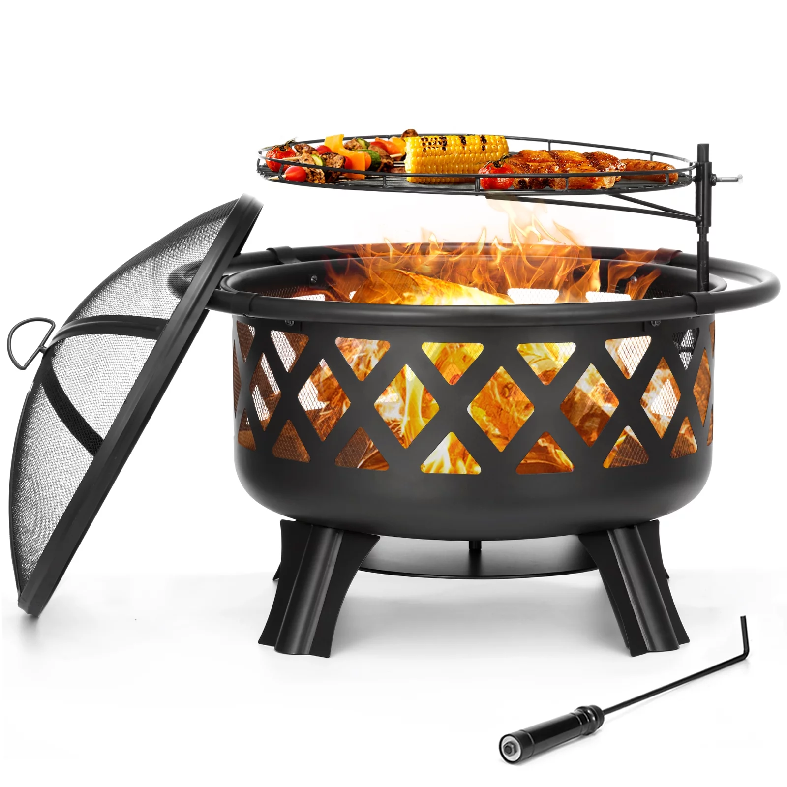 Singlyfire 30 inch Fire Pit for Outside 2 in 1 BBQ Wood Burning Fire Pit for Outdoor Camping Large Fire Pit Wood Bowl Firepit with Grate Spark Screen Log Grate - Womvr
