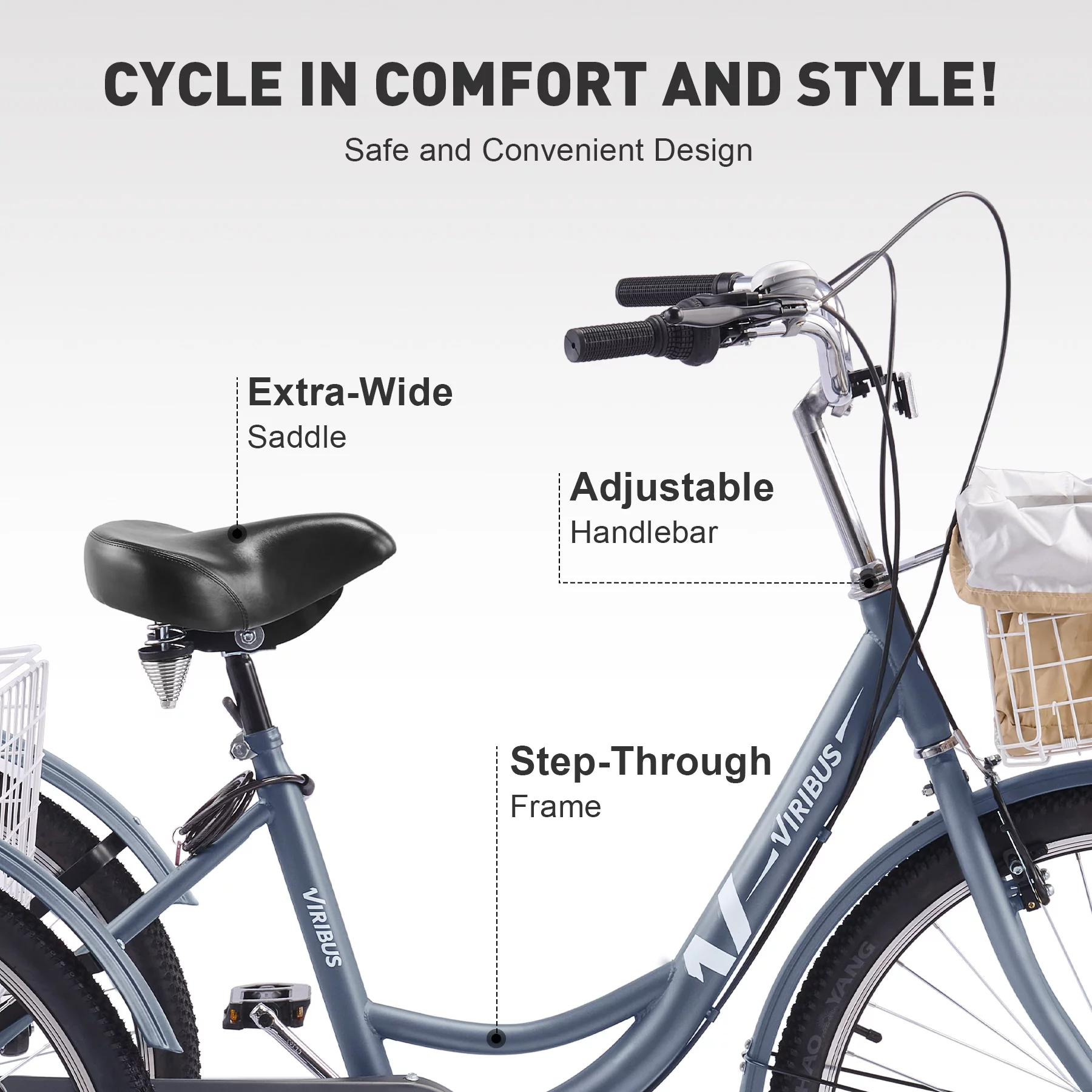 VIRIBUS 24 Inch Adult Trike 7 Speed Bike w Adjustable Seat 2 Baskets Matte Gray - Womvr