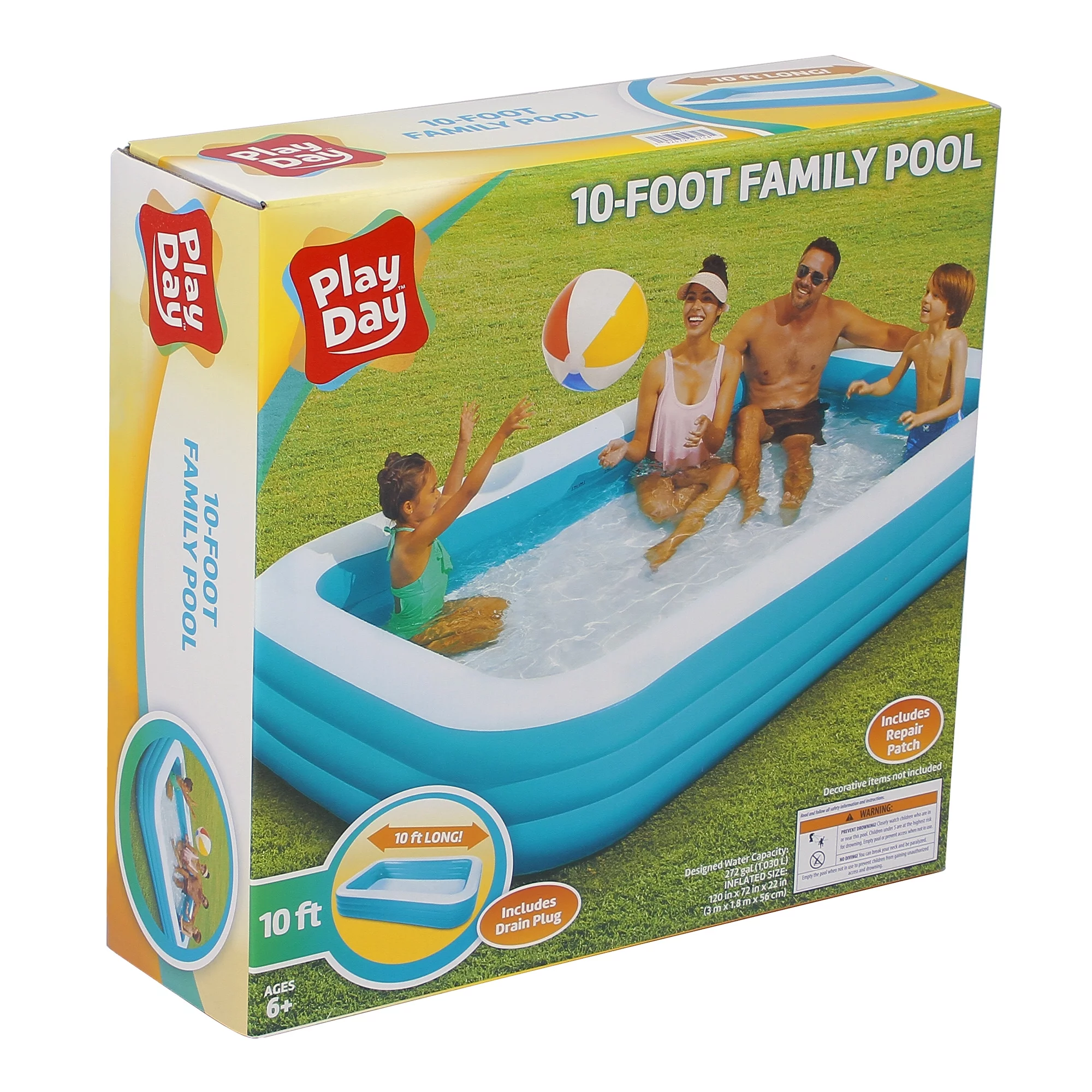 10-Foot Rectangular Inflatable Family Pool, Blue, Ages 6 and Up, Unisex - Womvr