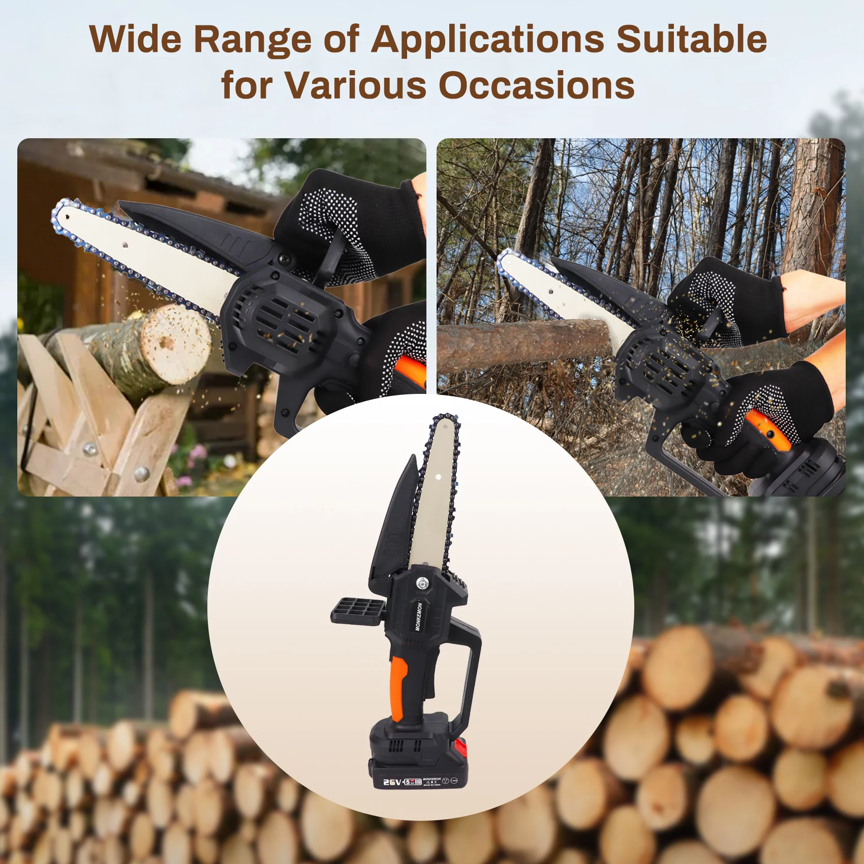 Monkemon Mini Chainsaw,6-Inch Cordless Chainsaws with 2 Batteries 2 Chains,Brushless Motor,for Tree Branches , Courtyard, Household & Garden - Womvr