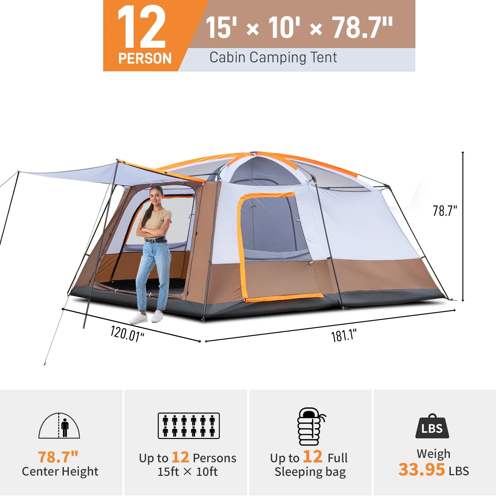 Zimtown Family Camping Tents 10 People Three Rooms Polyester Cloth Fiberglass Poles Dark Gray - Womvr