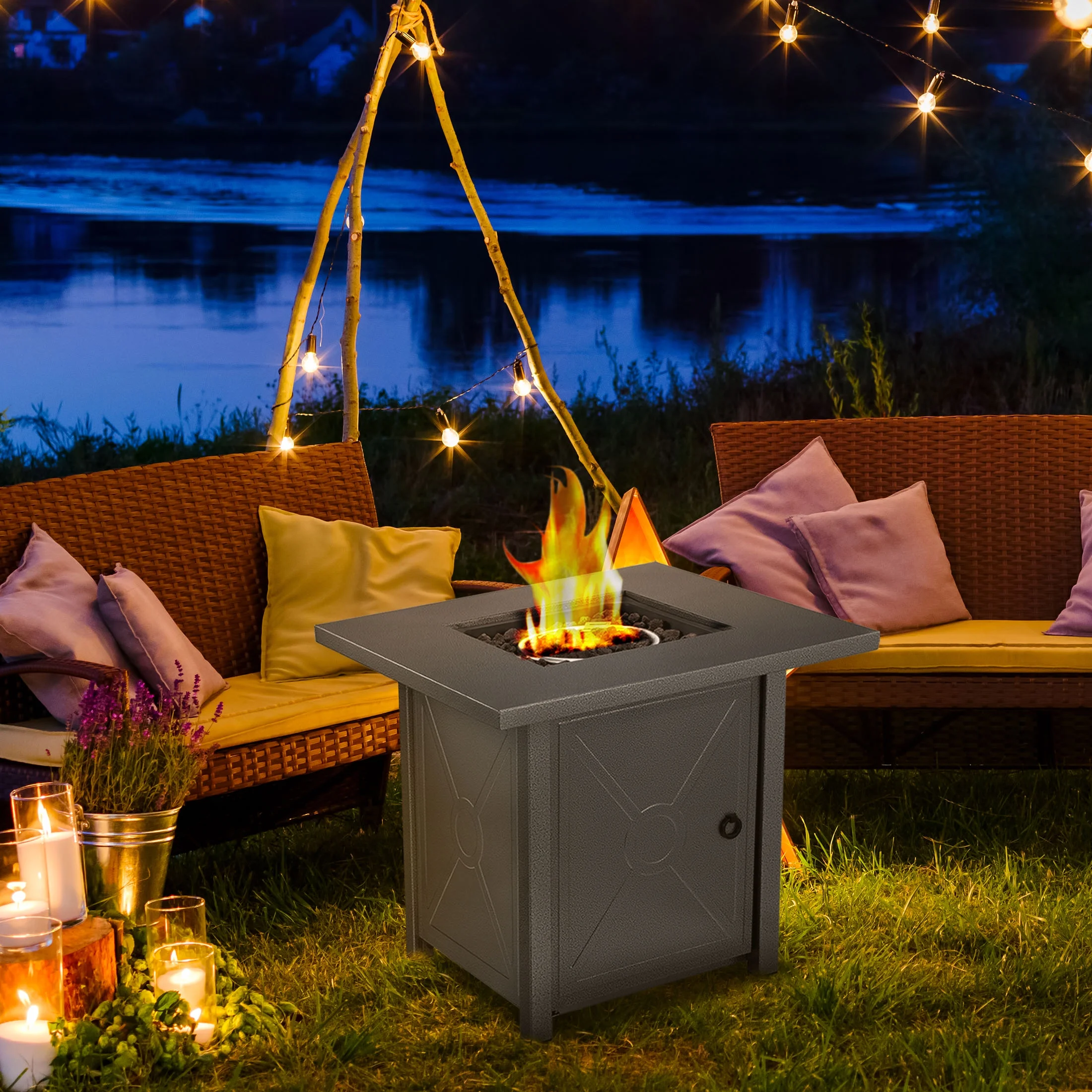 Auseo 28in Square Outdoor Fire Pit -Propane Metal Stove with Lava Rocks , 40000 BTU Heat Output, for Picnics/Bonfires/Patio Gardens - Womvr