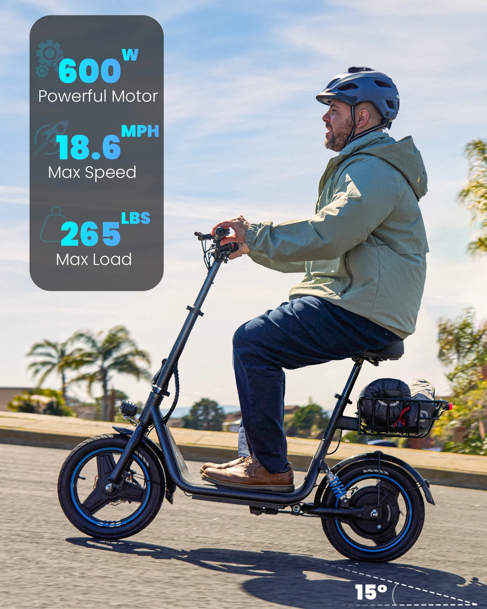 Kistp 600W Electric Scooter with Seat for Adult,14 inch Commuter Electric Scooter with Dual Shock Absorbers and Basket-up to 25 Miles 18.6MPH Rear Basket - Womvr