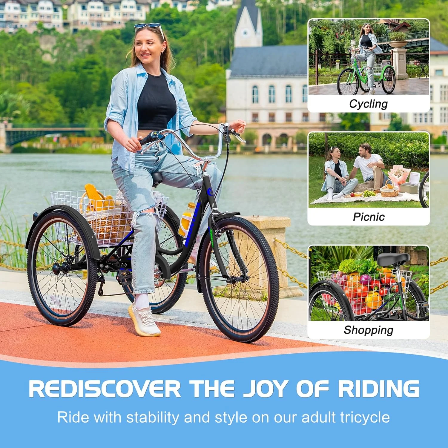 Lilypelle Adult Tricycles 7 Speed 20/24/26 Inch Three Wheel Bike Cruiser Trike with Low-Step Through Frame/Large Basket for Men, Women, Seniors - Womvr