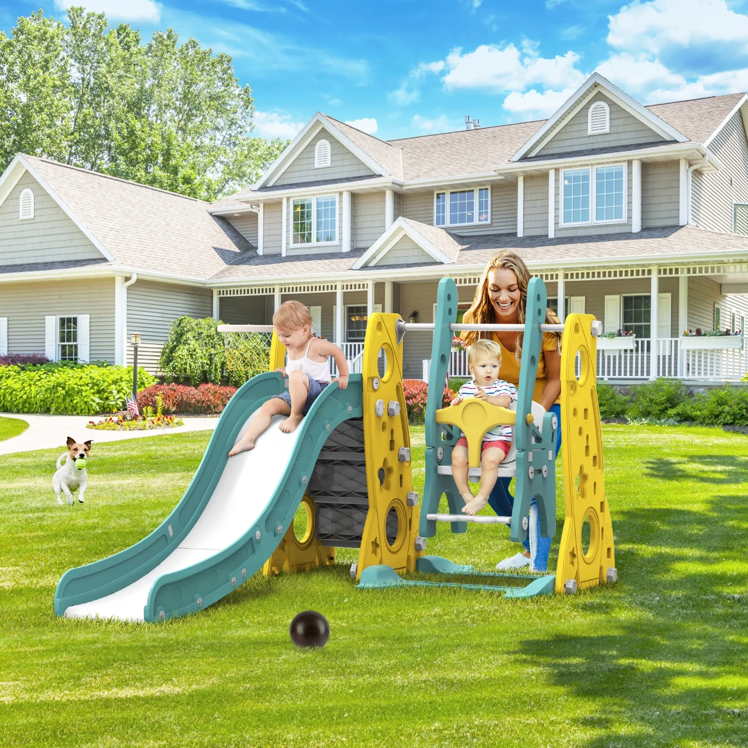 GIKPAL 6 in 1 Toddler Slide and Swing Set, Kids Large Climber Slide Playset with Basketball Hoop Playground Swing Set for Indoor Outdoor Backyard 3-10 Gifts Presents - Womvr