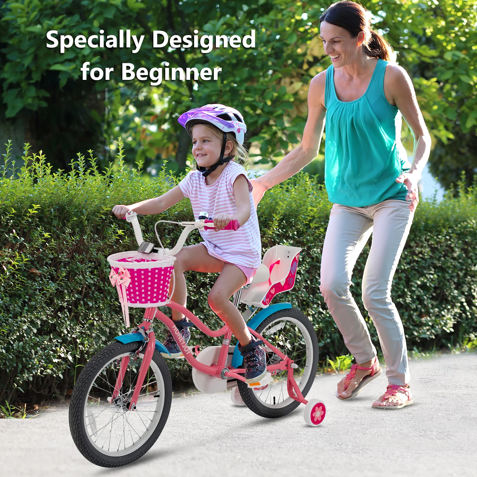 Gymax 18 Inches Kids Bicycle w/ Doll Chair & Basket Kids Bike w/ Training Wheels Pink - Womvr