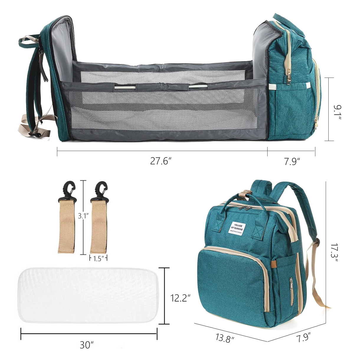 Diaper Bag Backpack,Multifunction 3 in 1 Waterproof Travel Back Pack,Baby Changing Bags with Changing Pad, Stroller Straps, Unisex, Green - Womvr