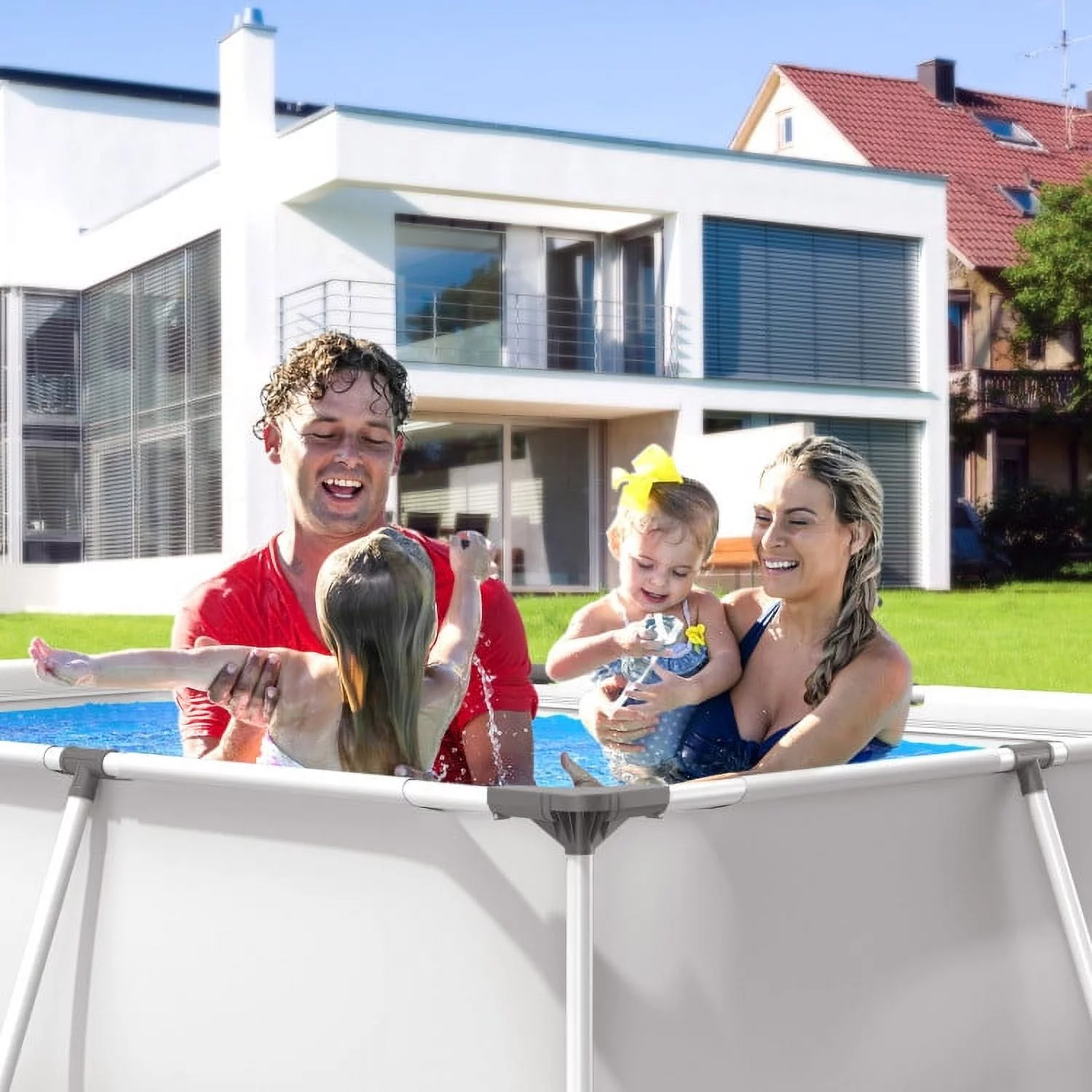 Inflatable Swimming Pool Duck Themed Kiddie Pools with Sprinkler for Age Over 3-Blue - Womvr