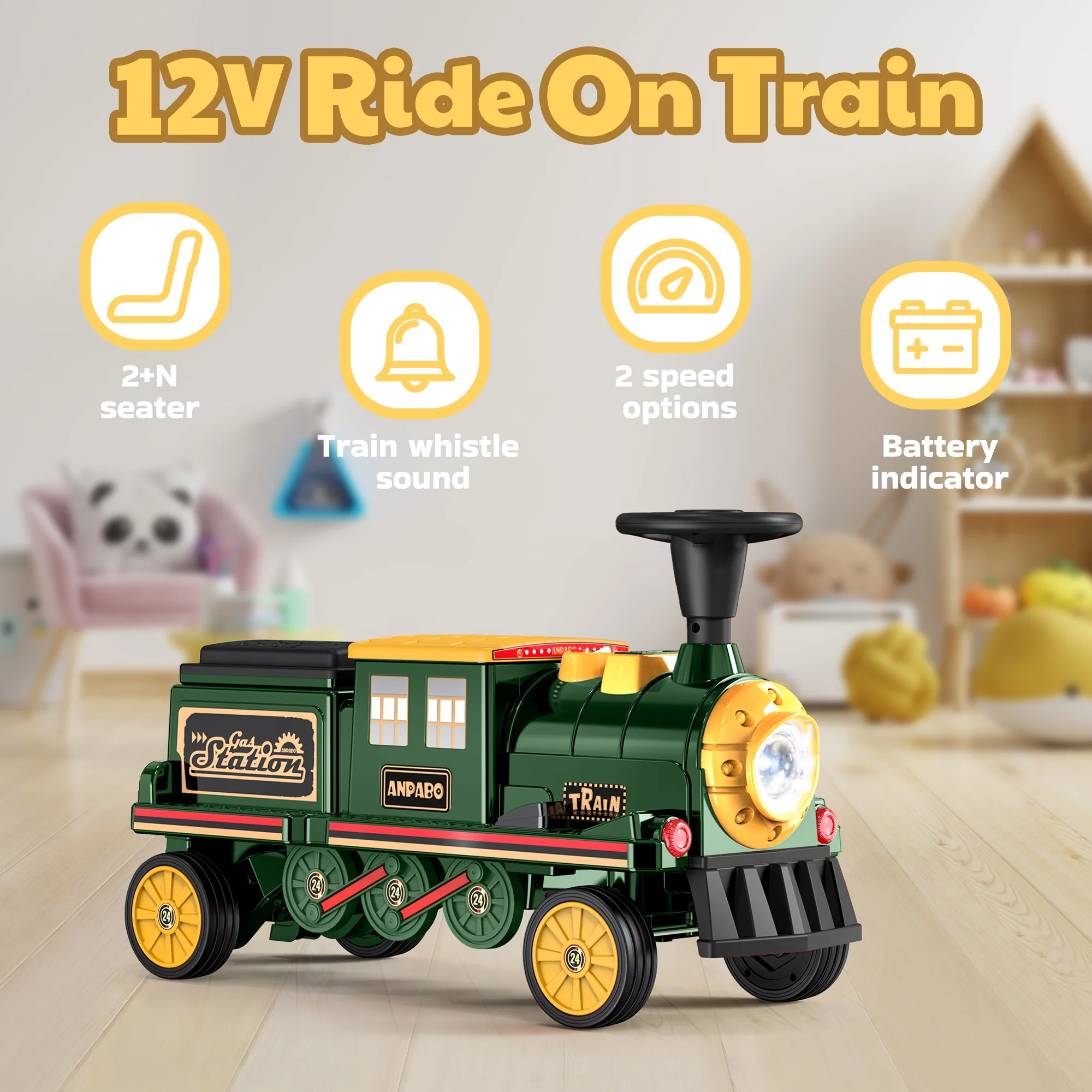 TOKTOO 12Volt 2 Seater Kids Ride on Train W/ Rubber Wheels, Storage Box, LED Headlight, Music Player-Black Red - Womvr