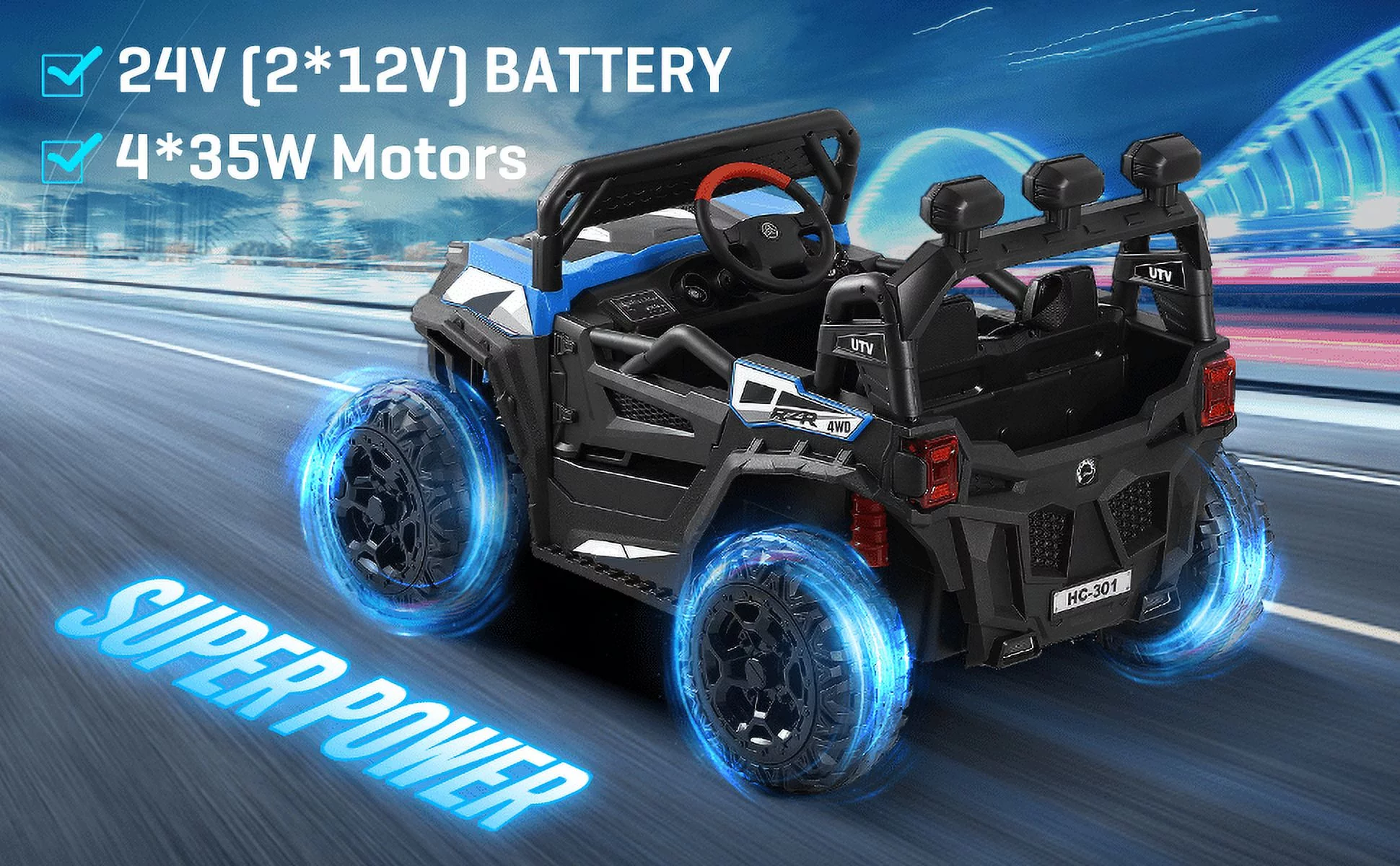 TOKTOO 24V Ride on Car, 4WD Powered Ride on UTV with Remote Control & Trunk Storage Space,  1 Seater Kid Car for Boys Girls -Blue - Womvr