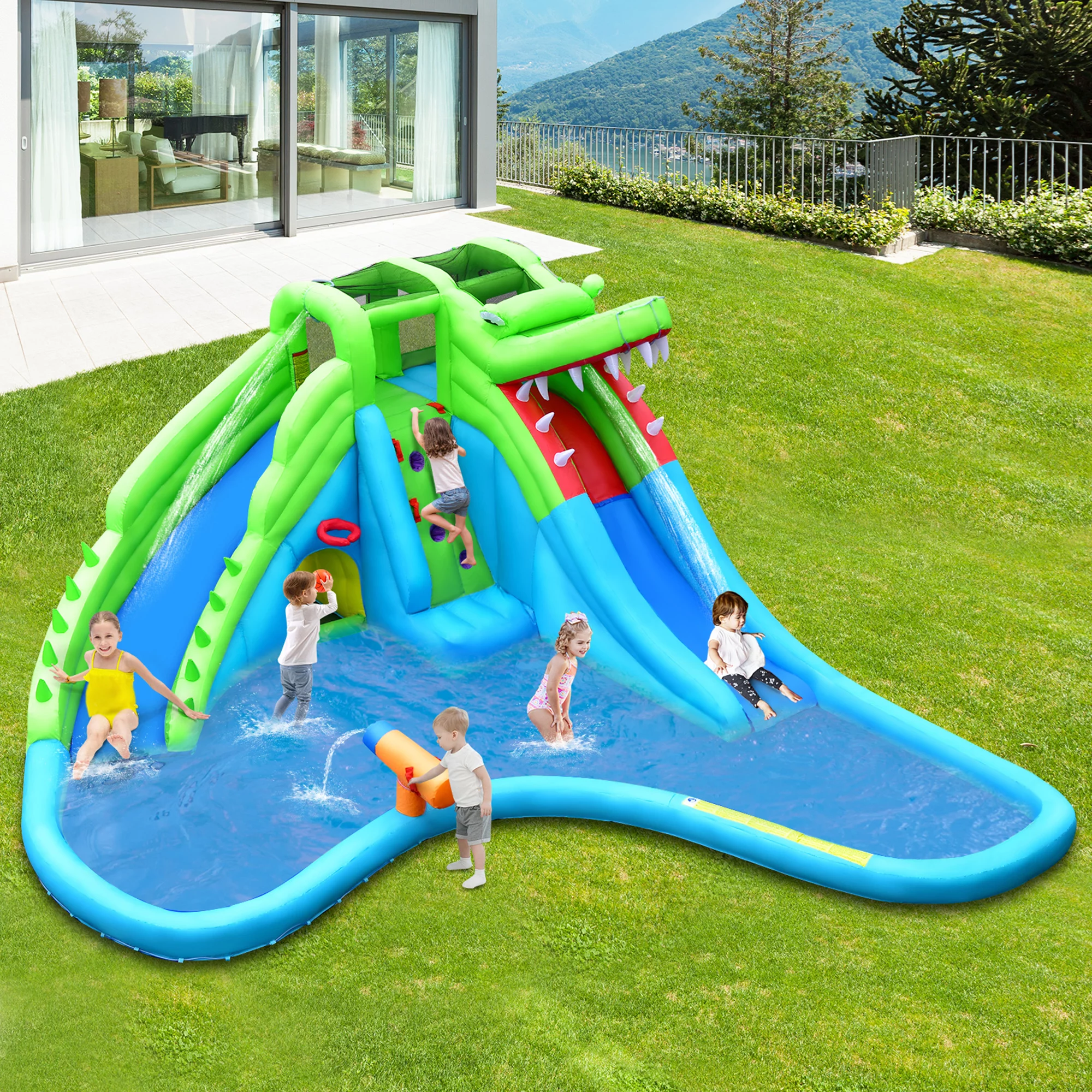 Gymax Crocodile Inflatable Water Slide Park Kids Bounce House w/ Dual Slides With 780W Blower - Womvr