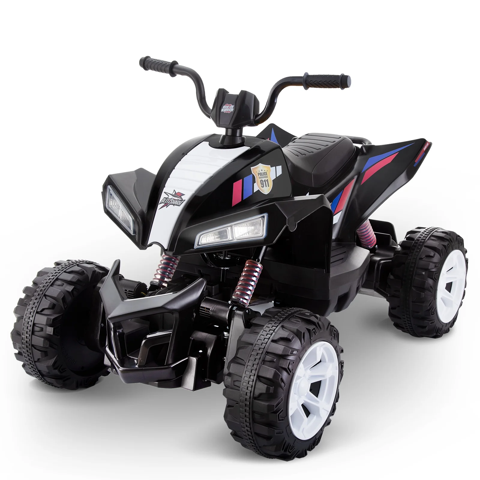 Blitzshark 24V Kids Ride on ATV 4WD Quad Powerful 4-Wheeler, with Big Battery, 6 MPH Speed, Metal Suspension, Police Rider - Womvr