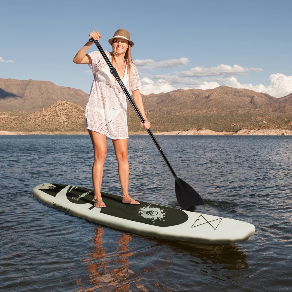 SereneLife 11 Foot Free Flow Inflatable SUP Stand Up Paddle Board Kit, White - Womvr