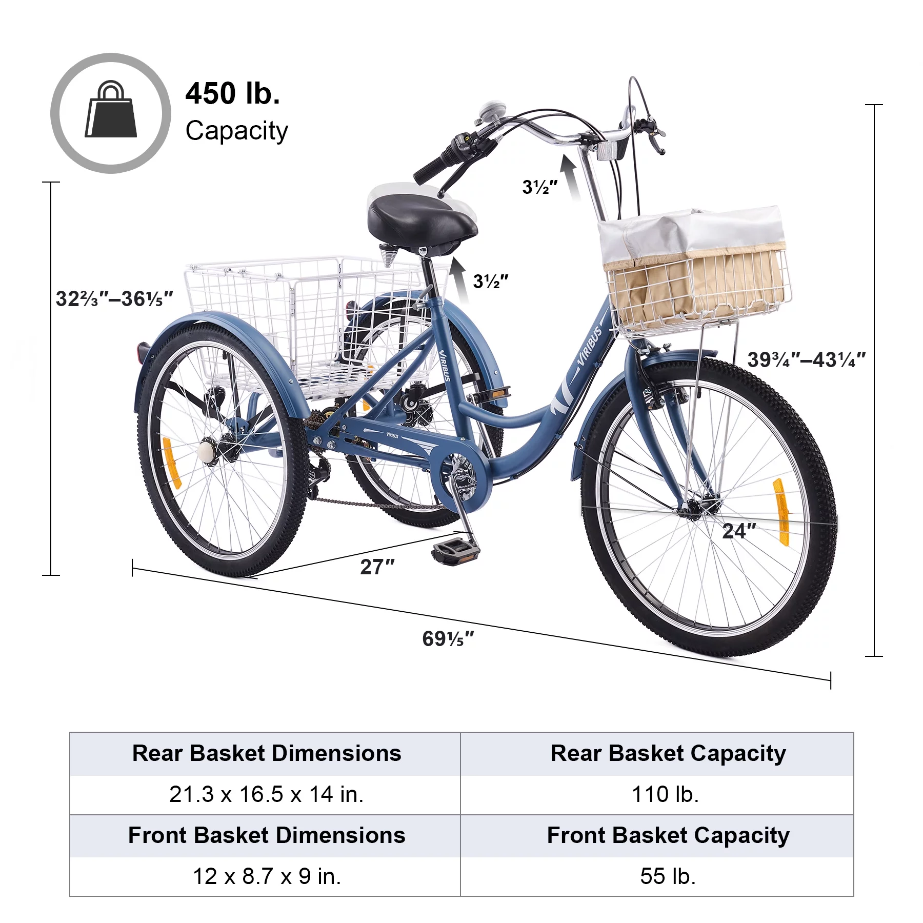 VIRIBUS 24 Inch Adult Trike 7 Speed Bike w Adjustable Seat 2 Baskets Matte Gray - Womvr