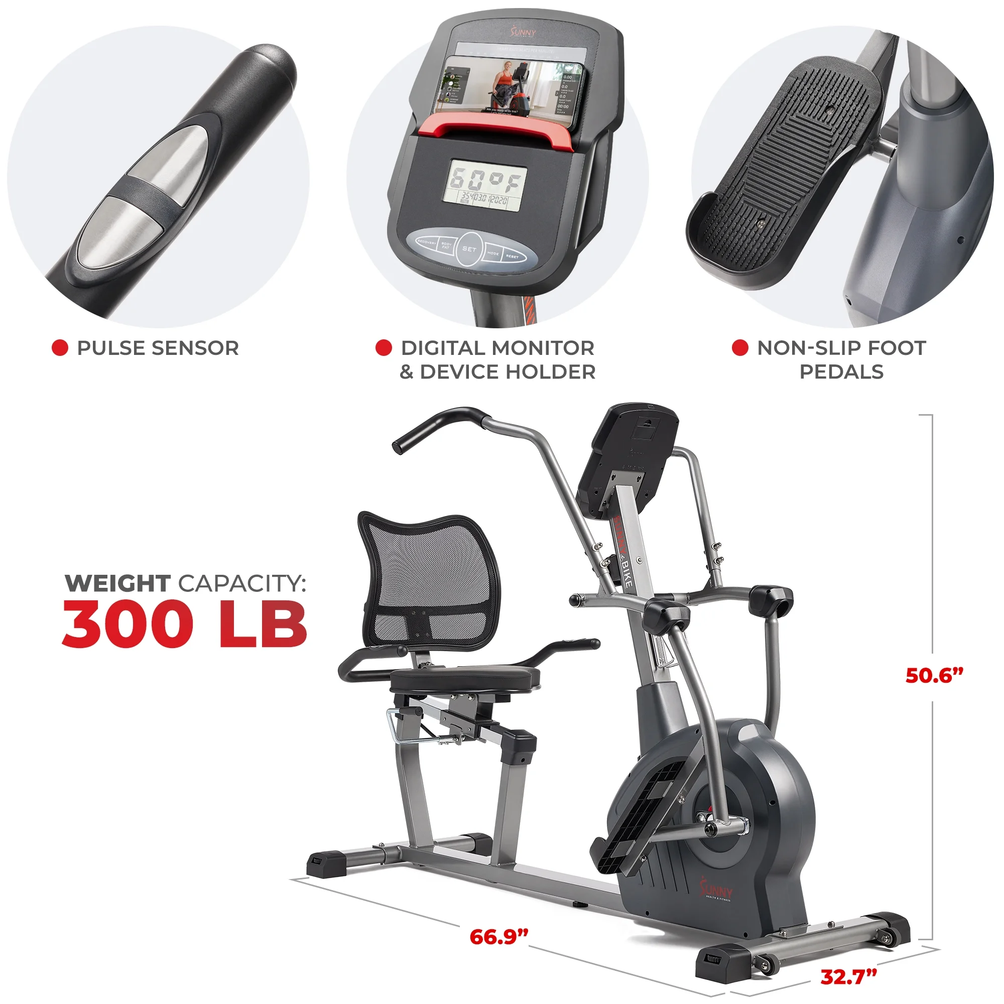 Sunny Health & Fitness Elite Connected Recumbent Cross Trainer Elliptical + Arm Exercisers SF-RBE420049 - Womvr