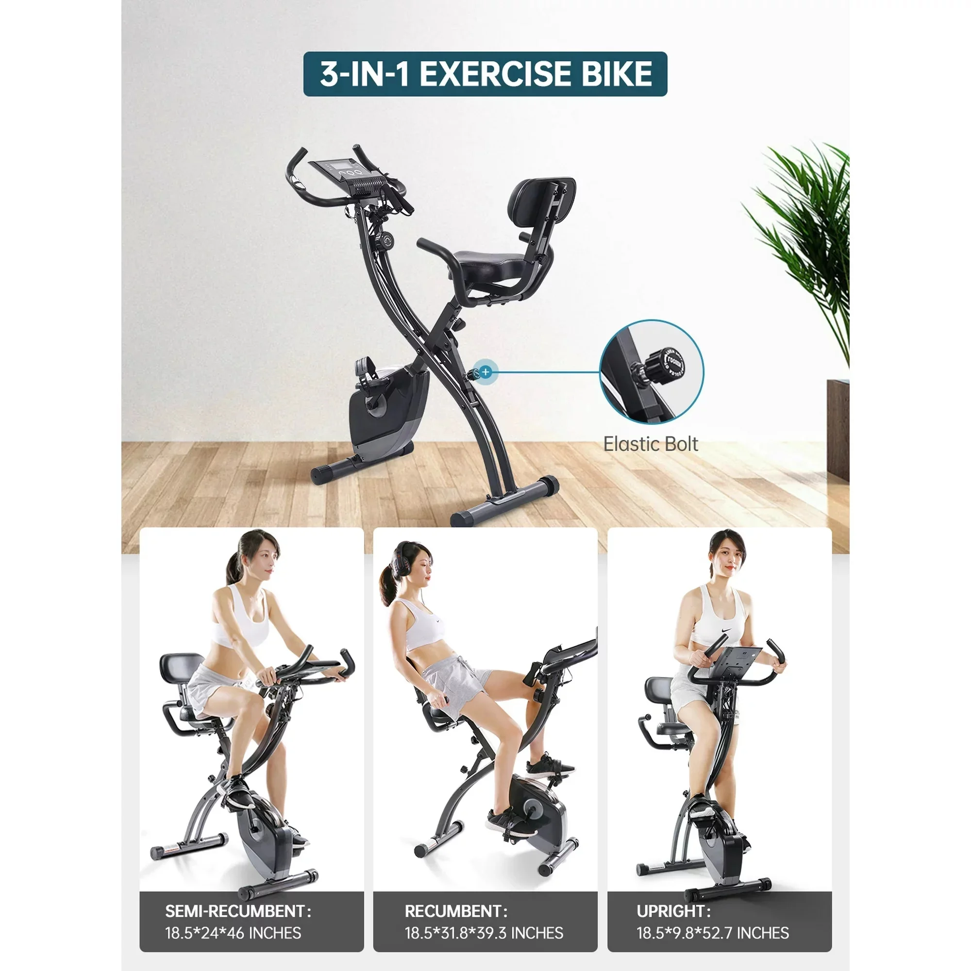 MaxKare 3-in-1 Exercise Bike Quiet Folding Magnetic Stationary Exercise Bikes with Arm Resistance Bands Home Workout Use - Womvr