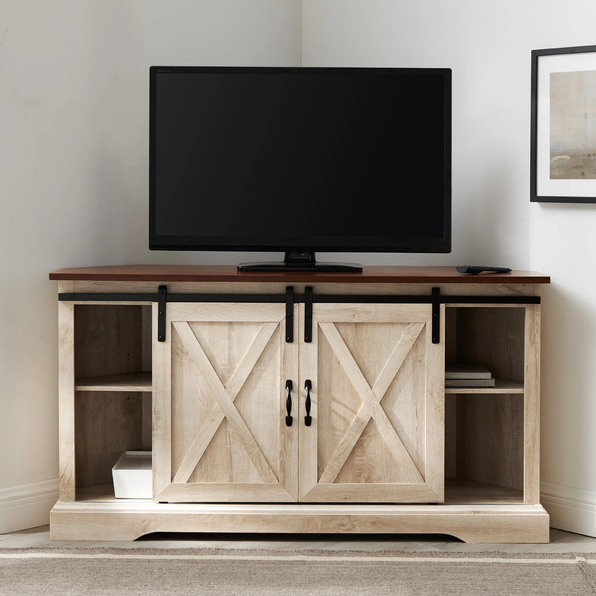 Walker Edison Modern Farmhouse Sliding Door Corner TV Stand, White Oak - Womvr