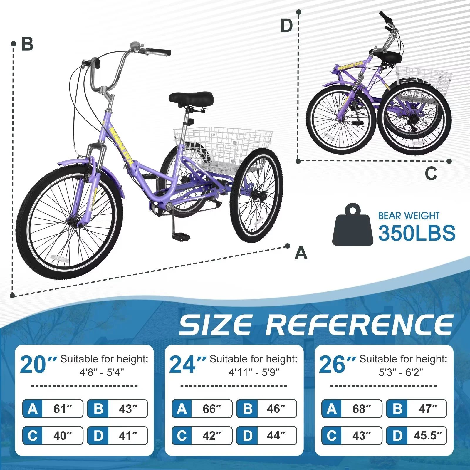 MOPHOTO 20/24/26 inch Adult Tricycle Folding 3 Wheel Cruiser Bikes 7 Speed, Portable and Foldable Trikes with Cargo Basket for Men & Women Outdoor Cycling, Purple - Womvr