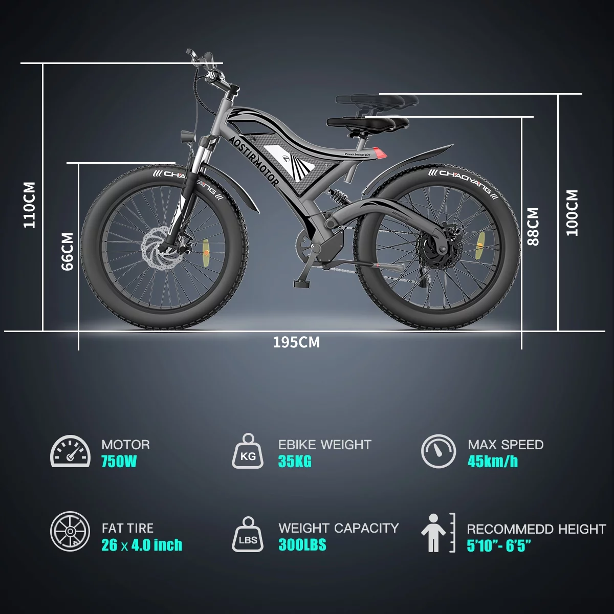 Aostirmotor Electric Mountain Bike 750W 48V15Ah Removable Lithium Battery, Fat Tire Ebike 26x4.0 inch Electric Bike for Adults - Womvr