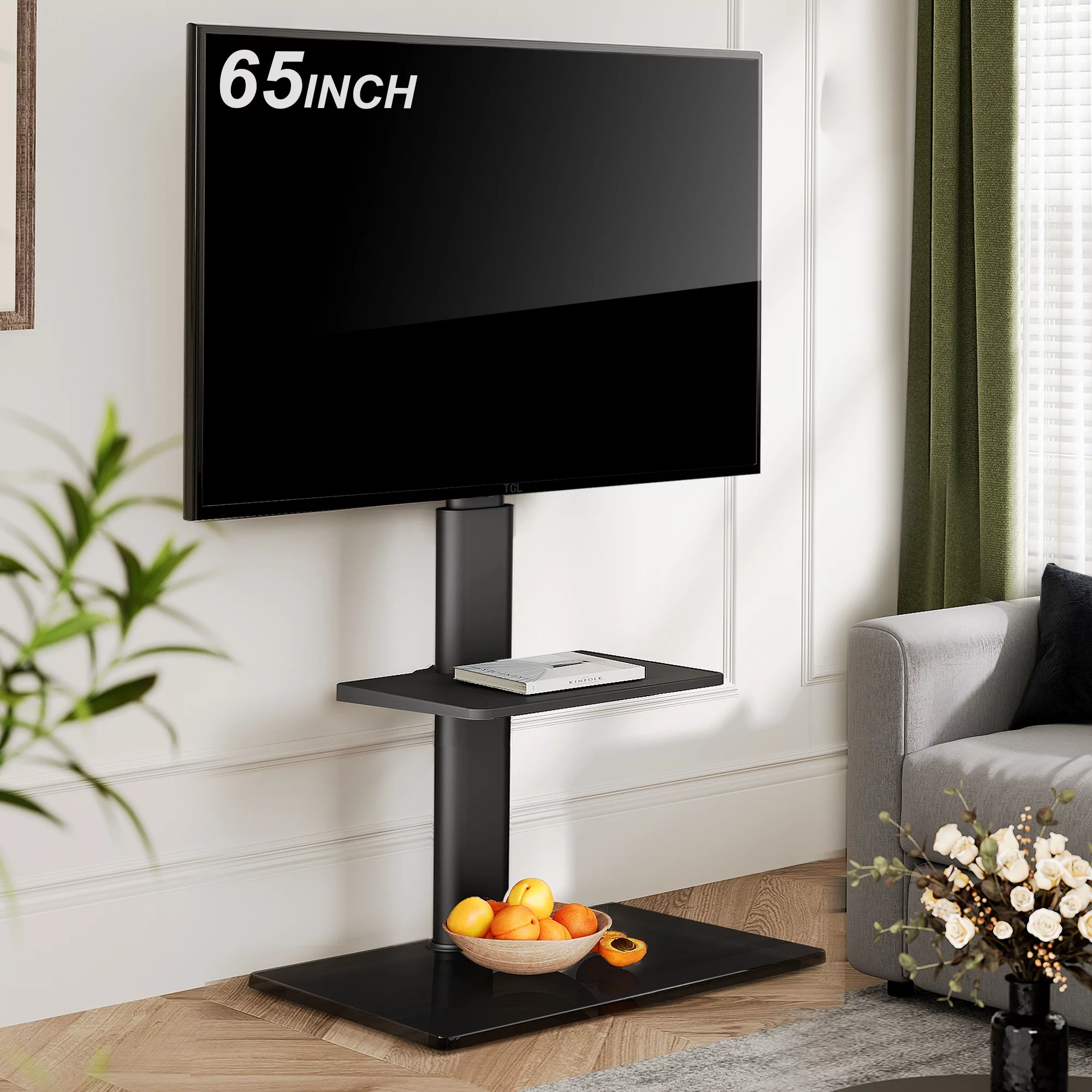 FITUEYES Tempered Glass Base Floor TV Stand 32-65 Inch, Height adjustable,Swivel TV Stand with Mount,Black - Womvr