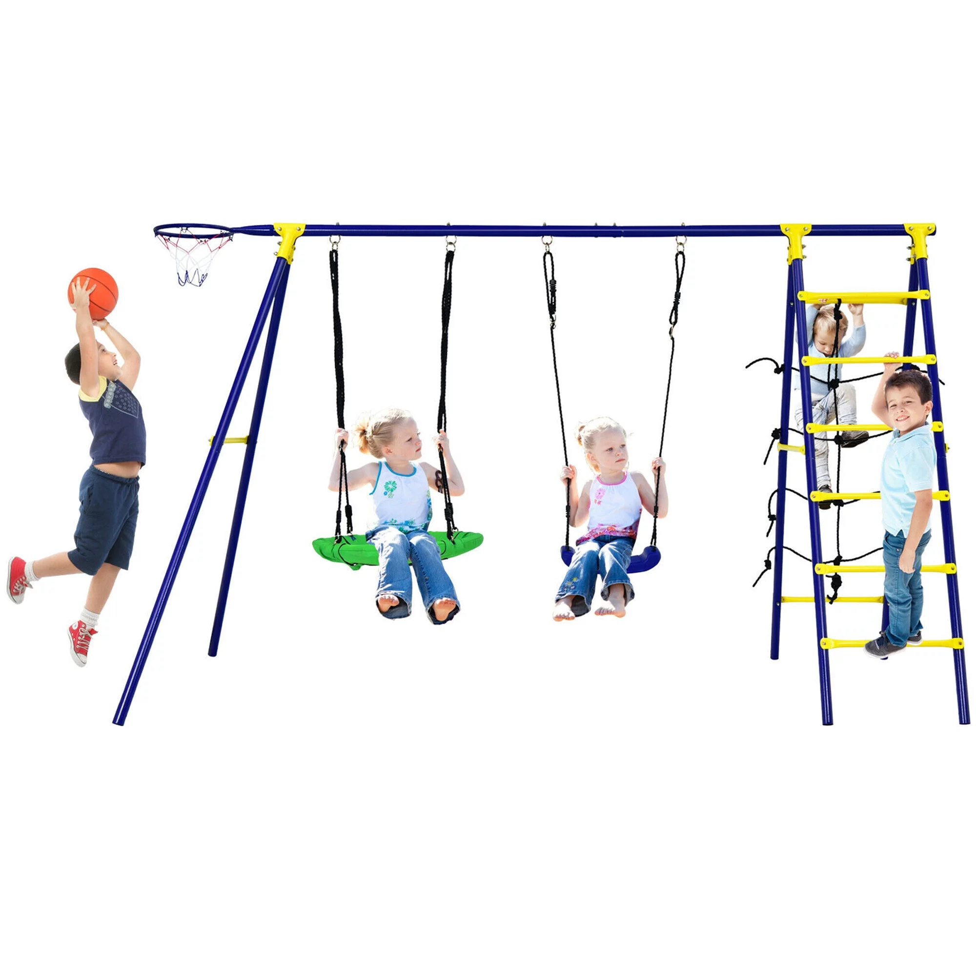 Gymax 5-In-1 Kids Swing Set for Outdoor W/ Heavy Duty Frame Basketball Hoop & Climbing Ladder - Womvr