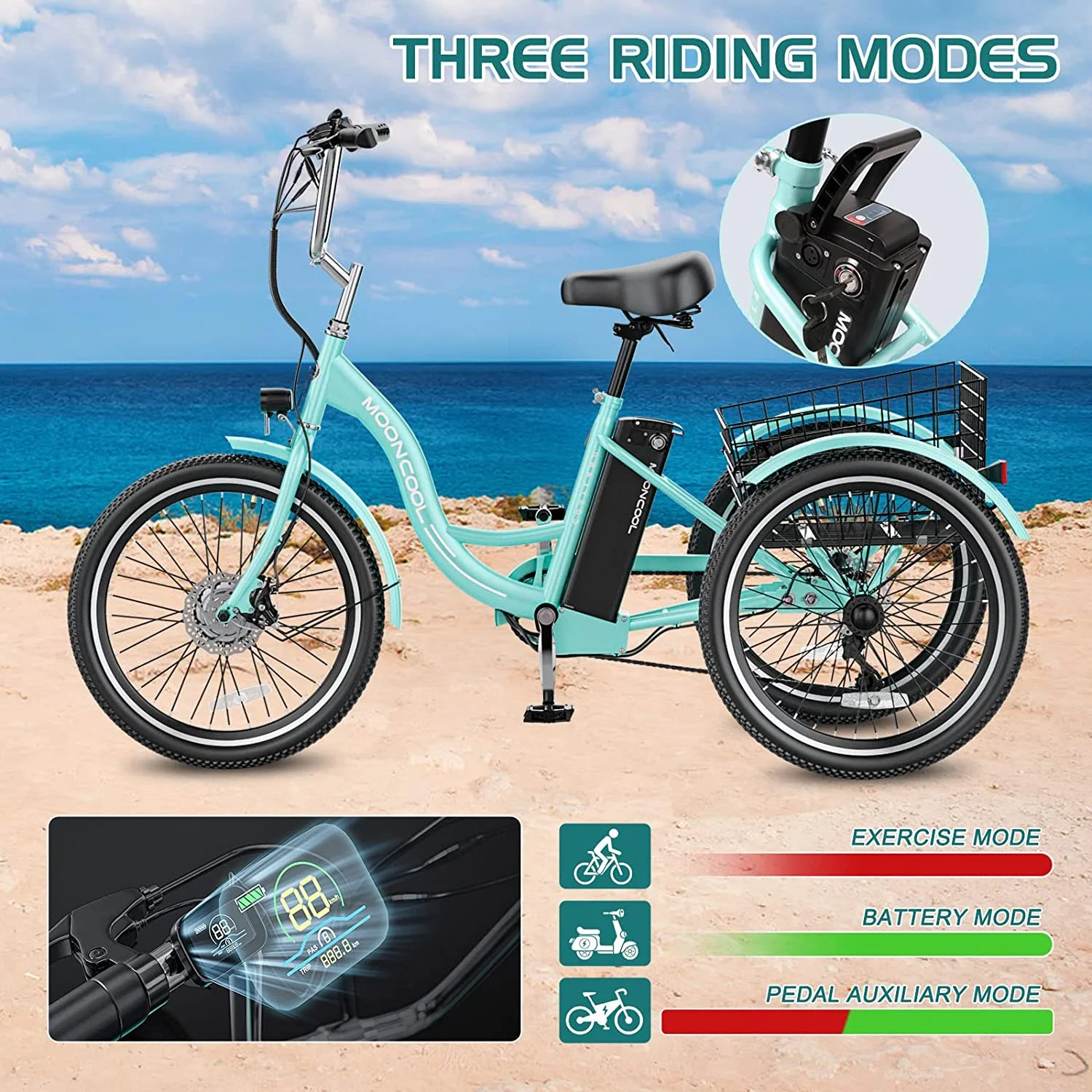MOONCOOL Electric Tricycle, 350W 36V 24 Inches 7 Speeds 3 Wheels Electric Bikes for Adults, Motorized Electric Trike Three Wheel Electric Bicycle - Womvr