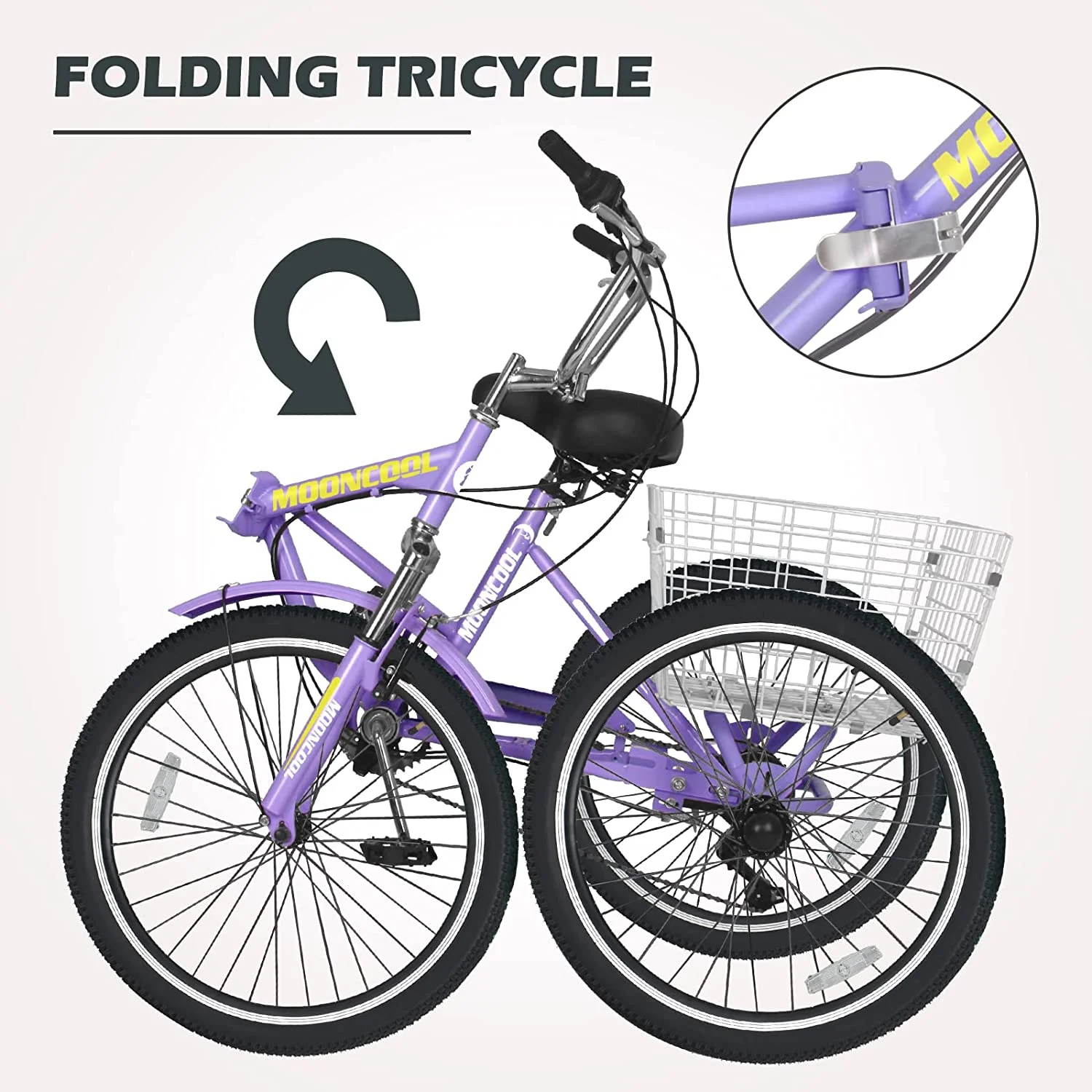MOONCOOL Adult Folding Tricycle, 7 Speed 20/24/26 inch Adult Tricycles, Three Wheel Bike Cruiser Trike with Large Basket - Womvr